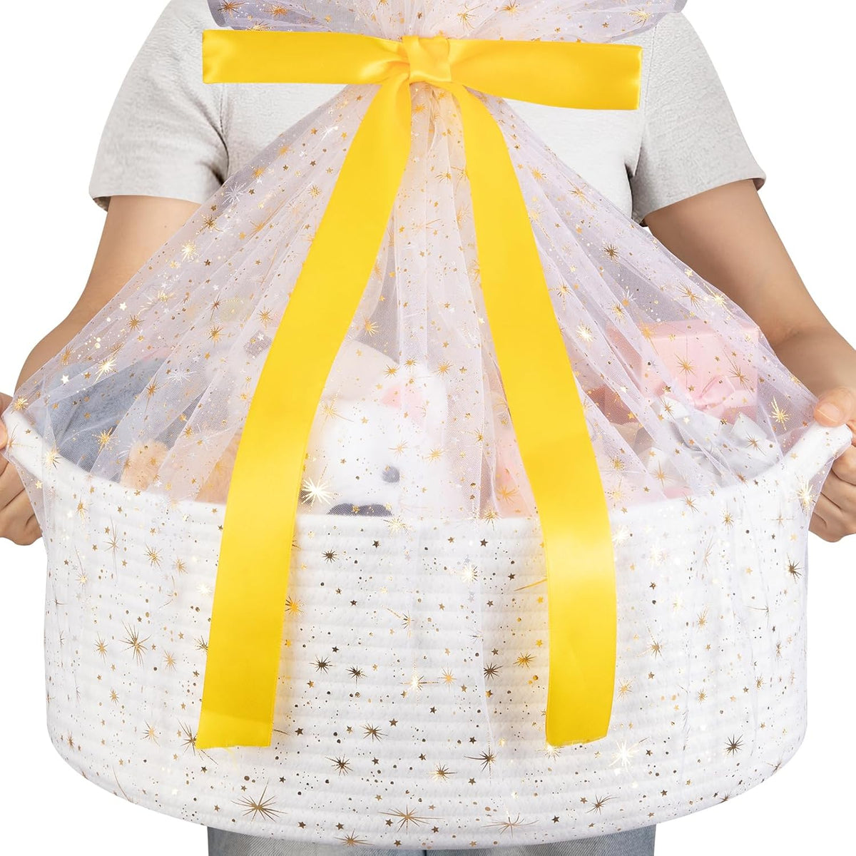 OIAHOMY Large Gift Basket white woven cotton rope front view for DIY hampers