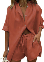 Fixmatti Women 2 Piece Outfits Long Sleeve Button Down Blouse and Shorts Sweatsuit Sets - Image 9