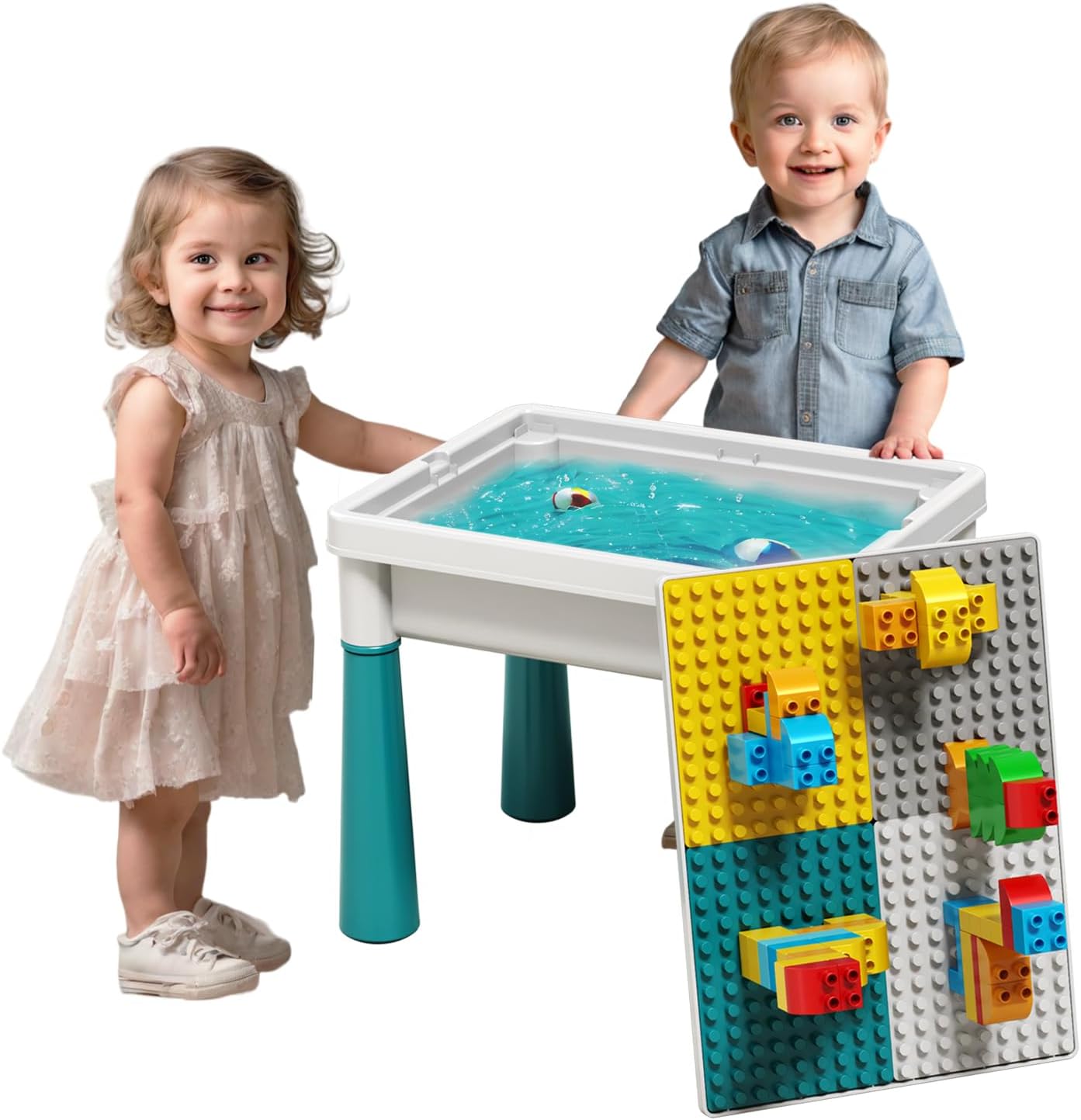 Pairez Toys small activity table front view showing the building block baseplate side.