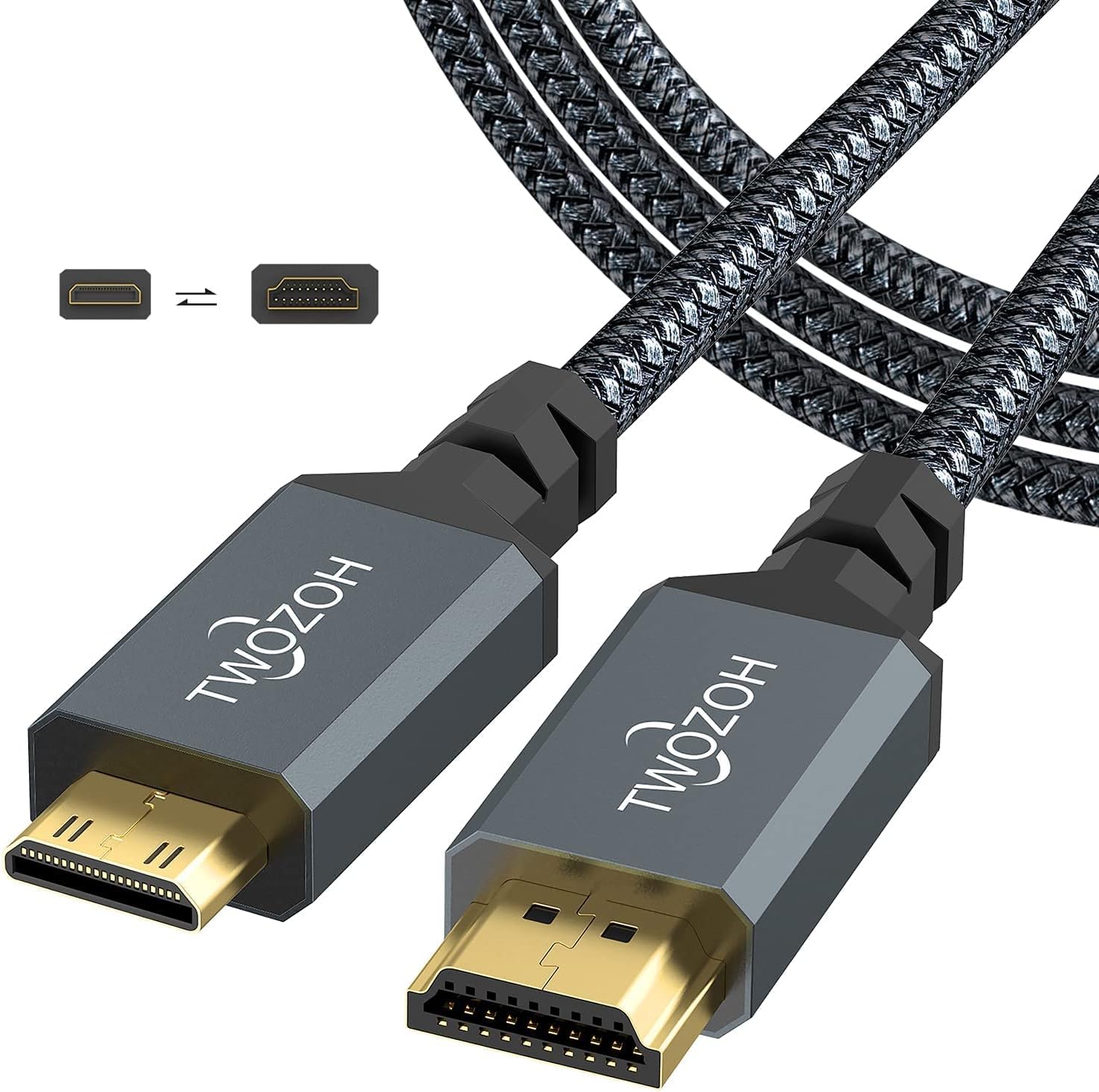 Twozoh Mini HDMI to HDMI Cable front view showing gold-plated connectors