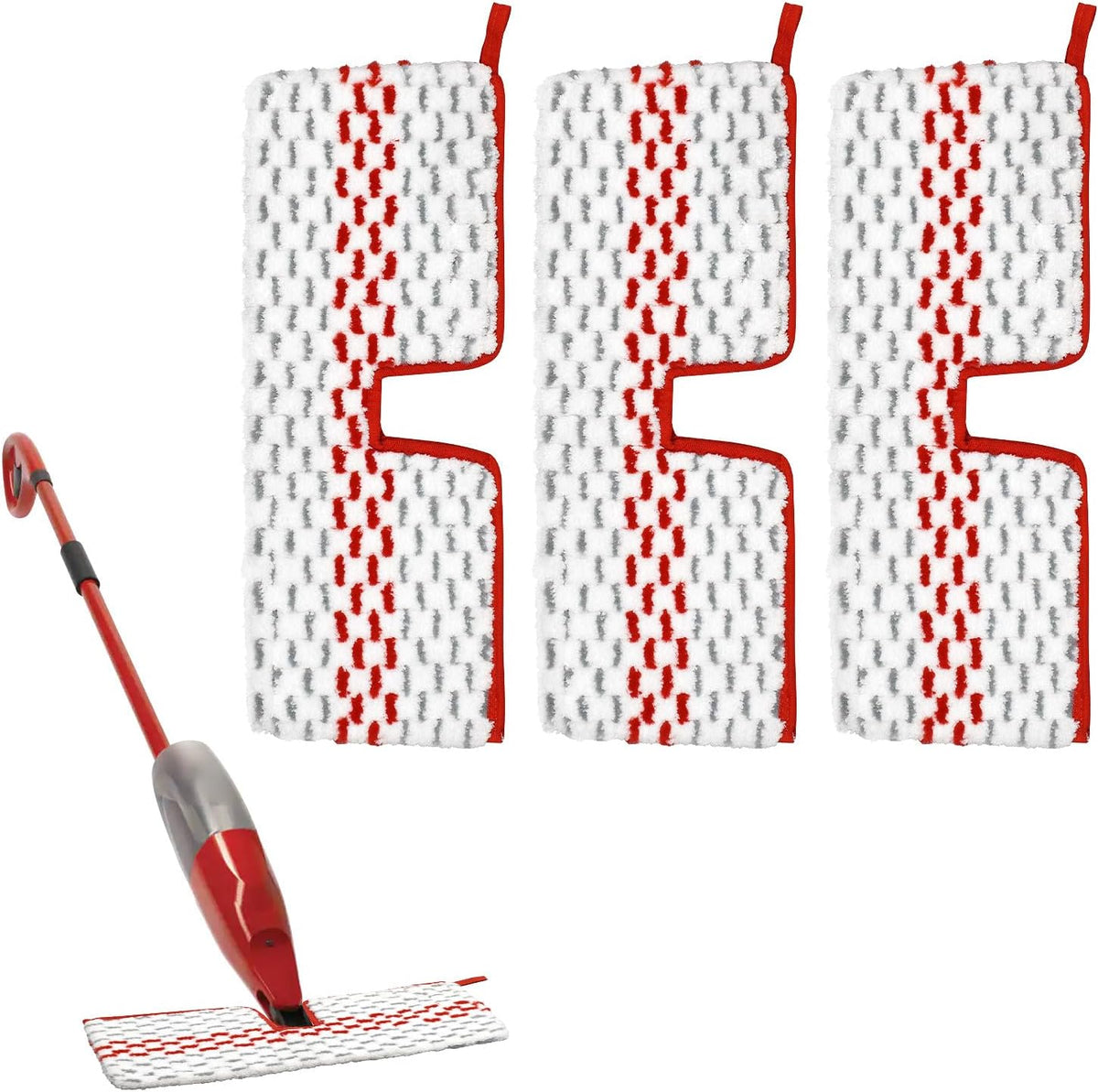 GFRED microfiber spray mop pads front view showing red scrubbing stripes