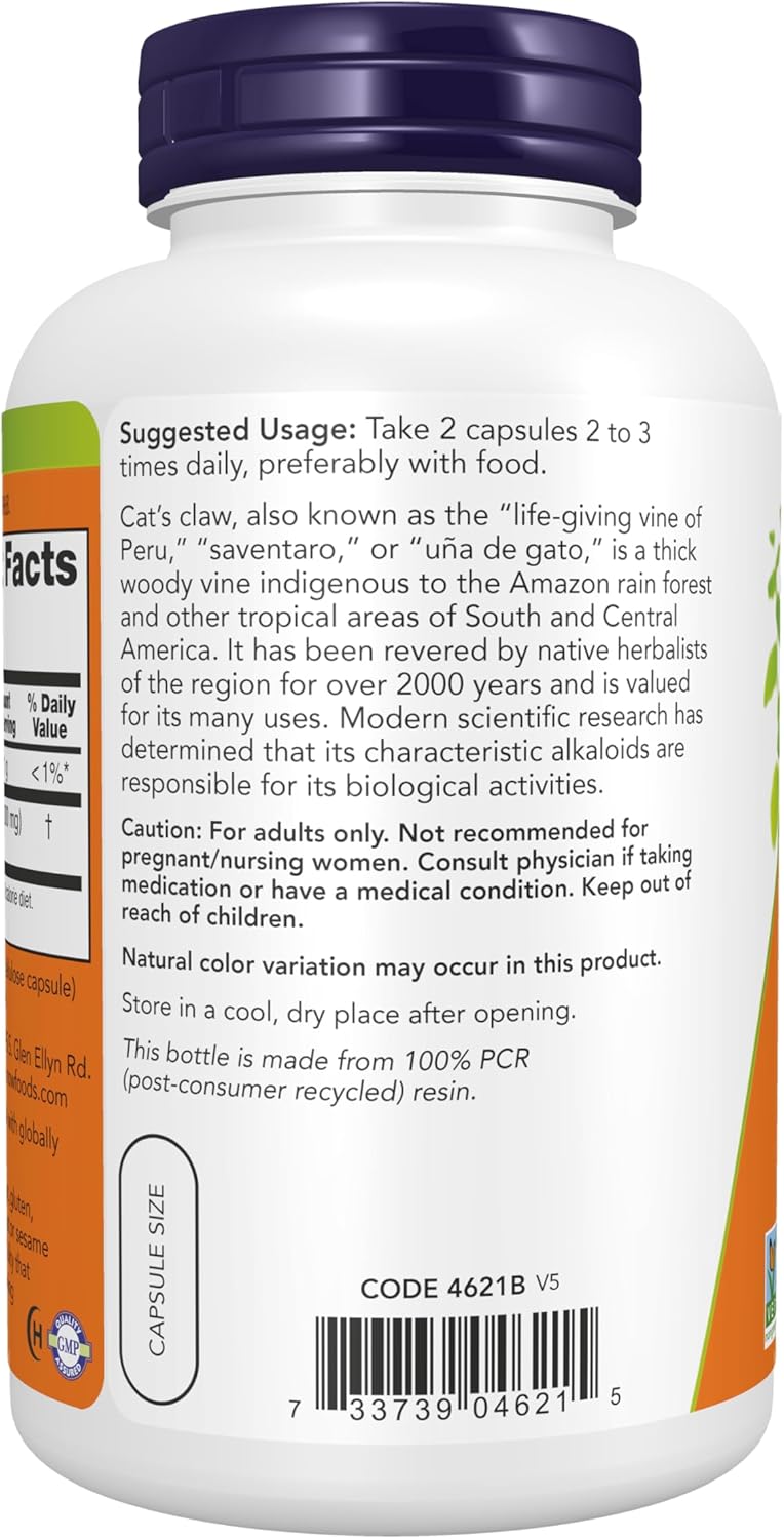 Now Foods Uña de Gato 500 Milligrams non-GMO project verified label