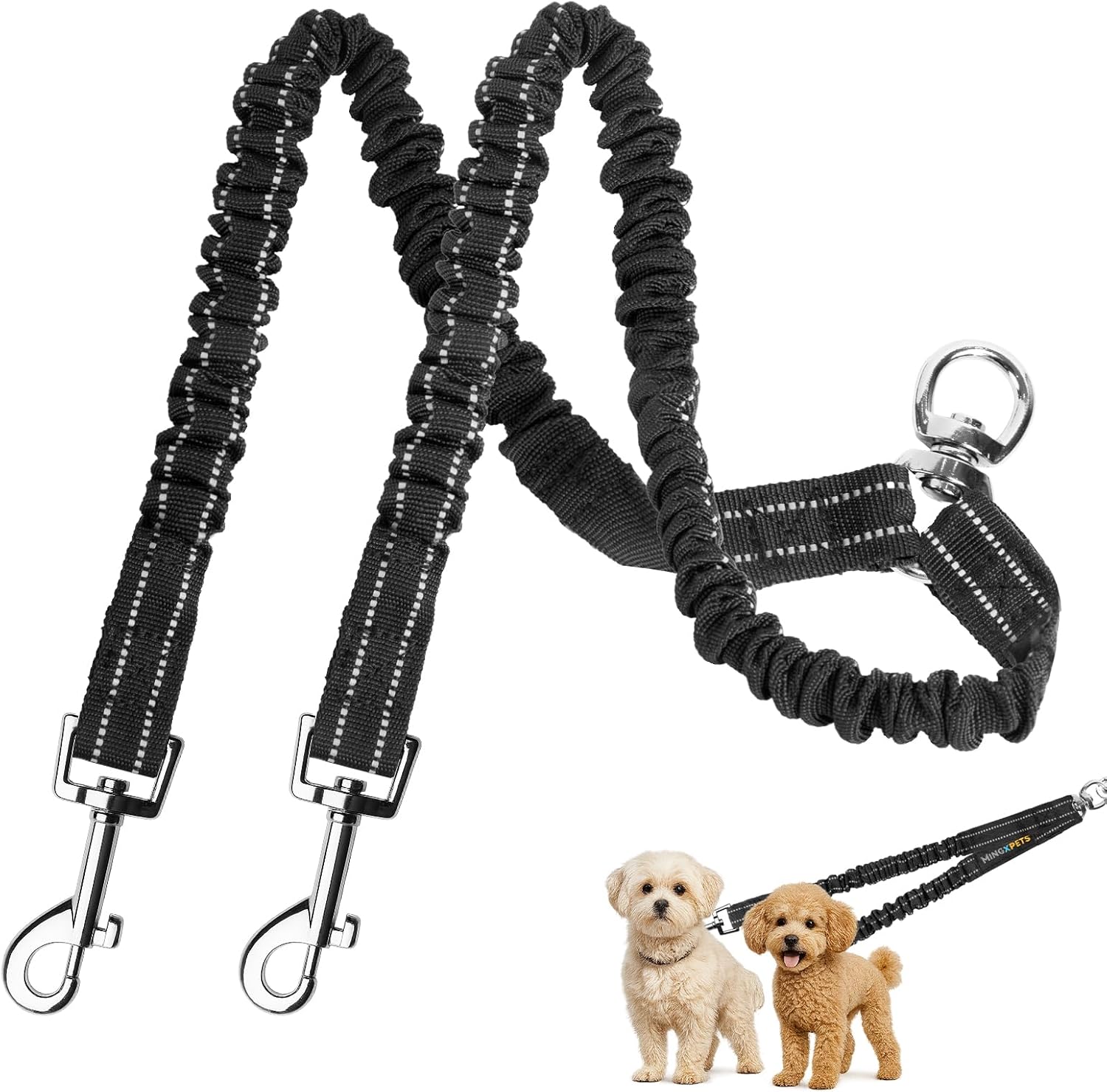 MingXpets two dog leash front view premium tangle free dual pet coupler