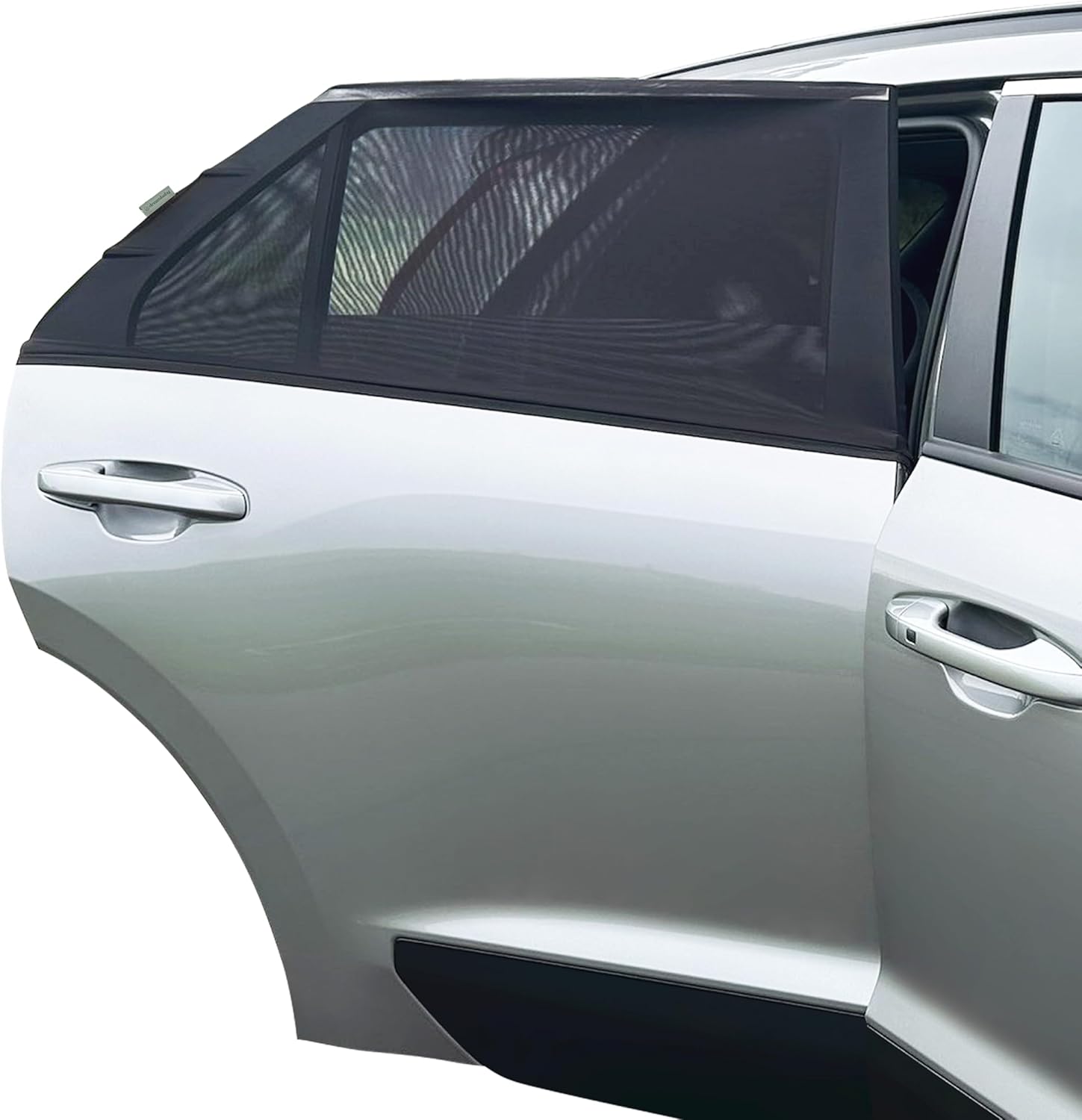 Dreambaby Fit Over Baby Car Window Sun Shade front view pack of two on car door