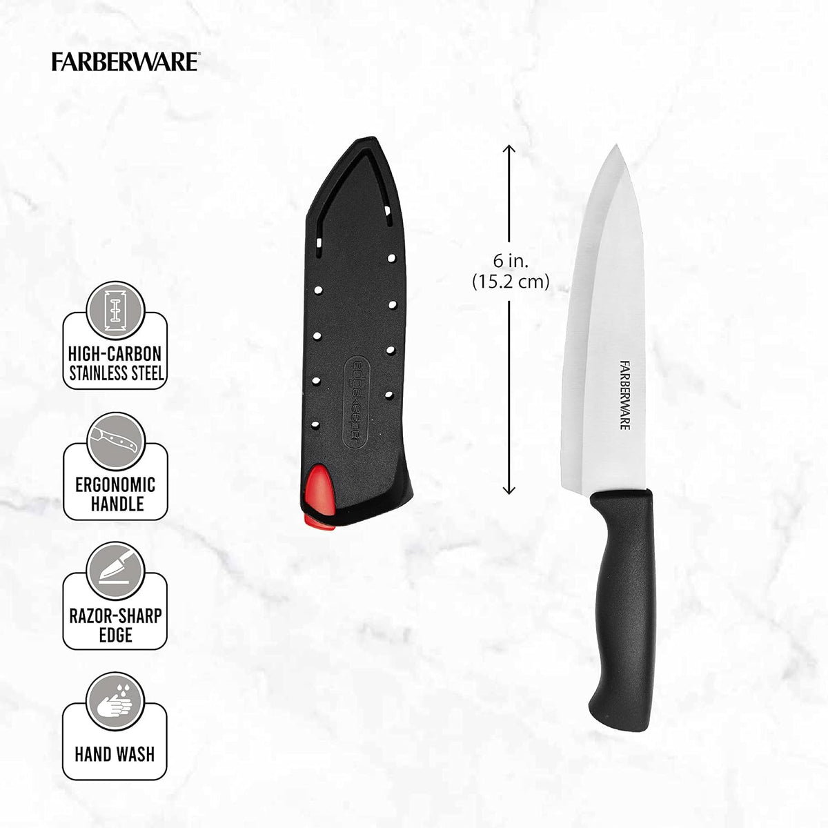 Ergonomic black handle grip on Farberware 6-inch kitchen prep knife