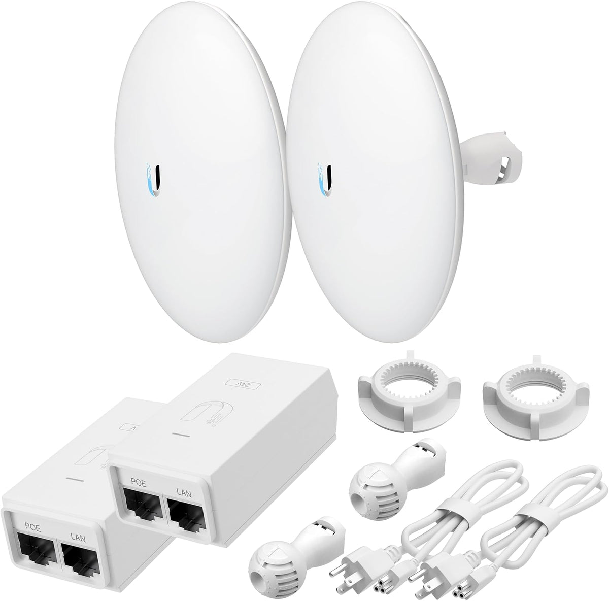 Ubiquiti NanoBeam NBE-5AC-GEN2 wireless bridge bundle front view showing two white outdoor network units
