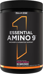 Rule 1 Proteins Essential Amino 9 Fruit Punch front view supplement container