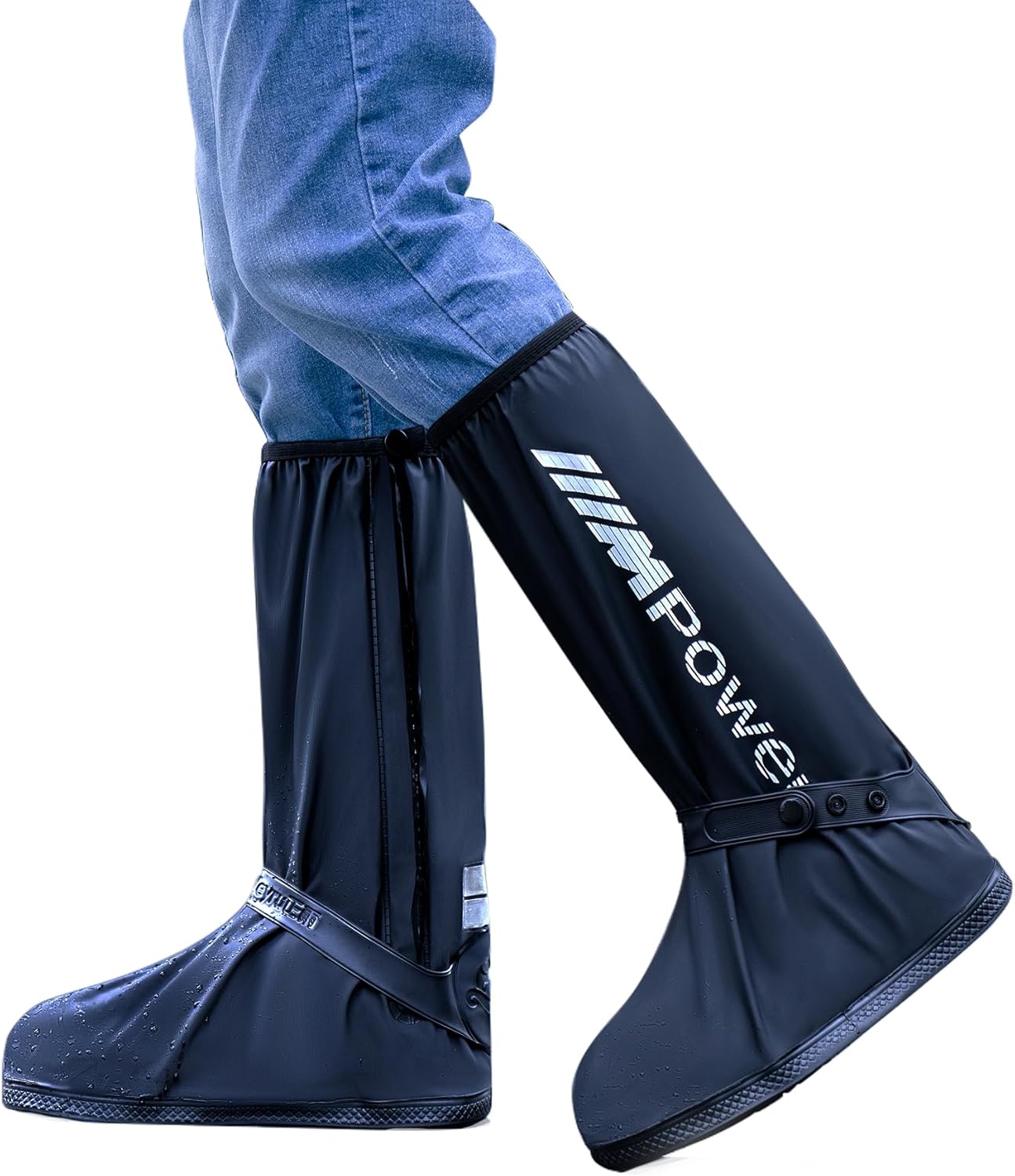 RINJOY waterproof shoe covers front view showing black high elastic PVC fabric