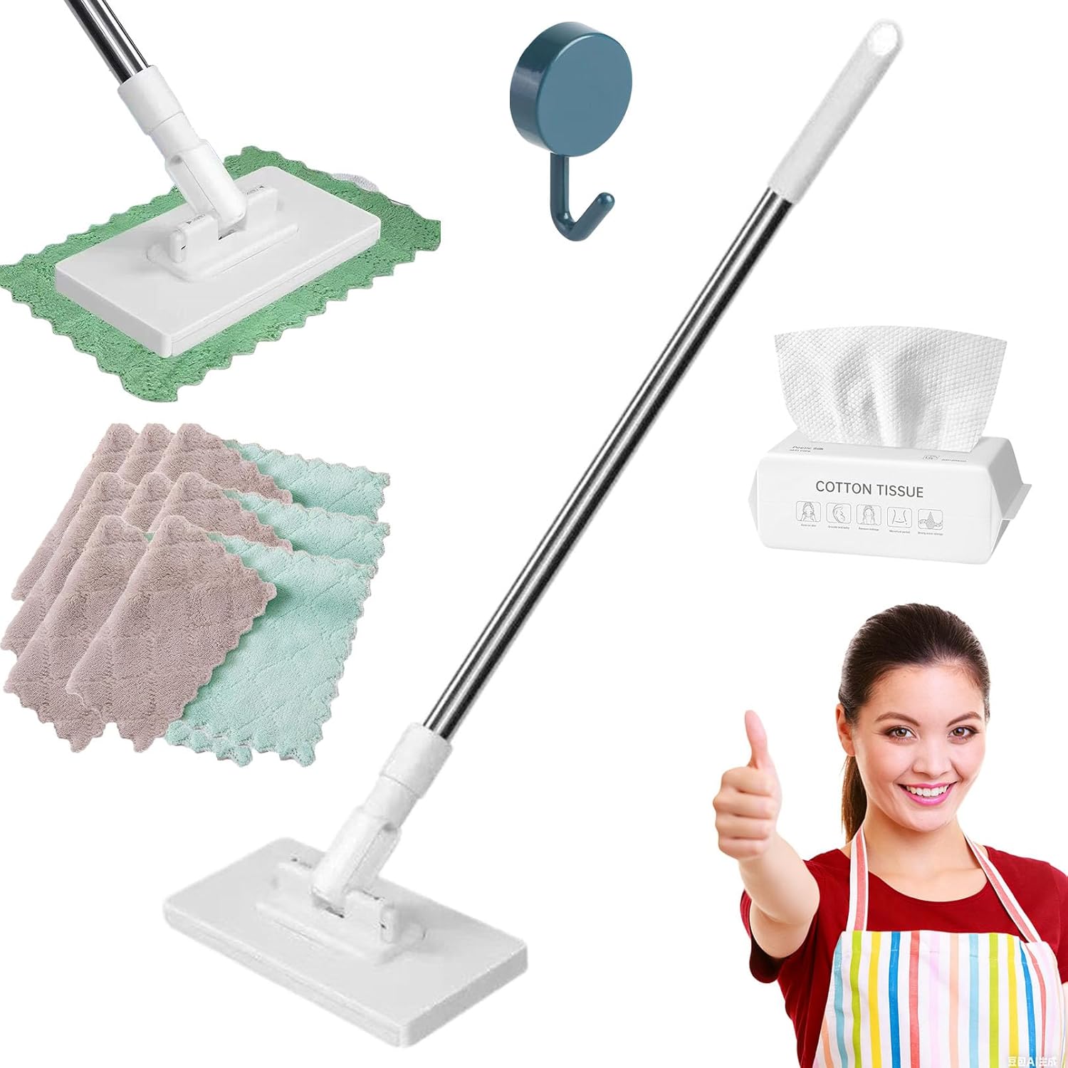 Rpuw Snap Grip Mini Mop front view showing the white flat head and stainless steel handle.