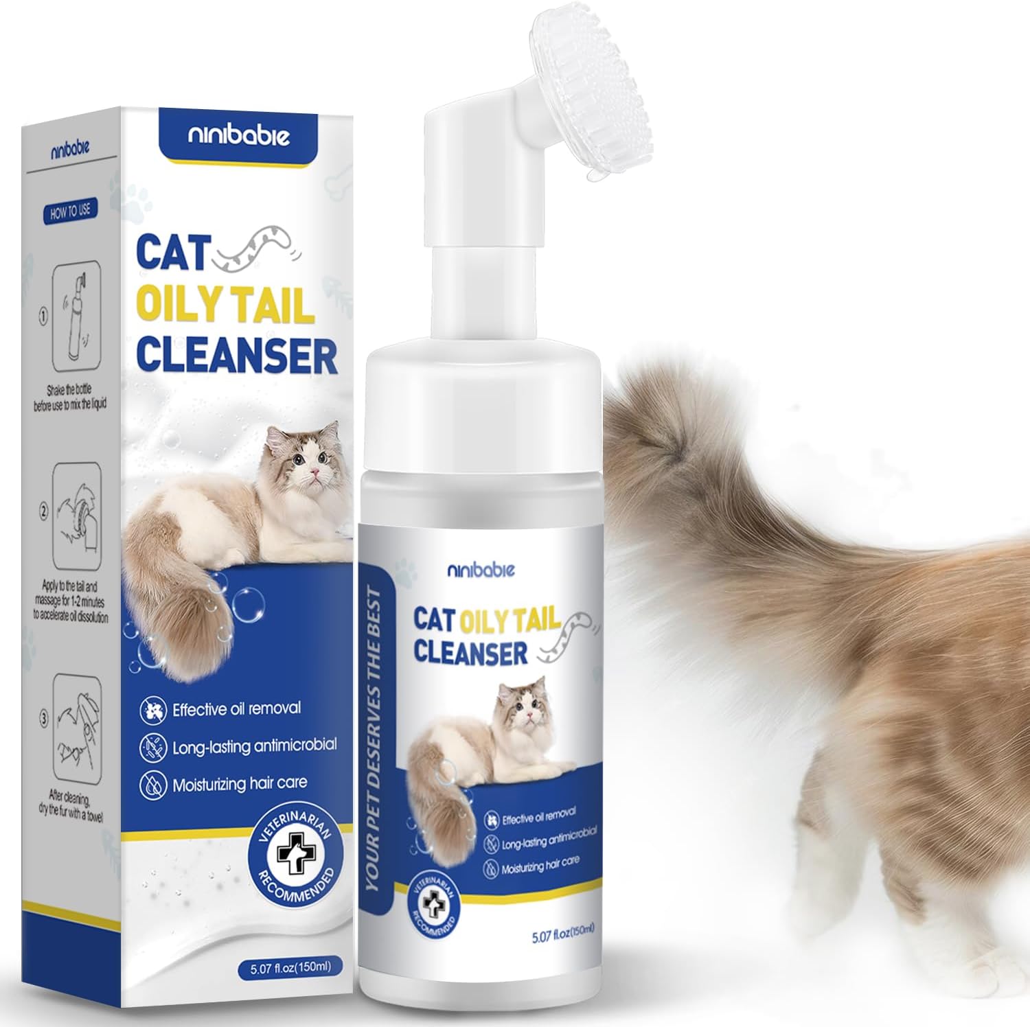 Ninibabie cat oily tail cleanser 2-in-1 wash bottle front view for feline grooming