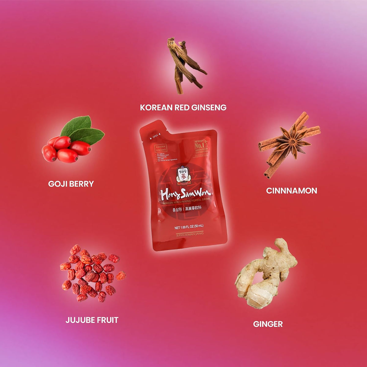 Close up of HongSamWon herbal energy drink pouch label