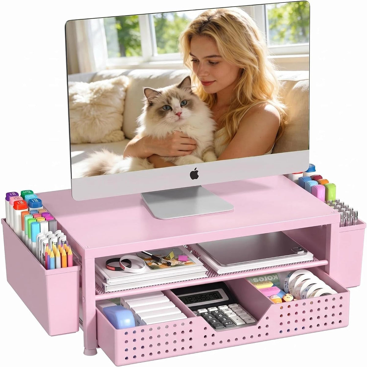 Desk Organizers and Accessories, Computer Monitor Stand Riser with Drawer and 2 Pen Holders, Printer & Laptop Stand, Office Desk Accessories & Workspace Organizers for Home Office Supplies, Green - Image 9
