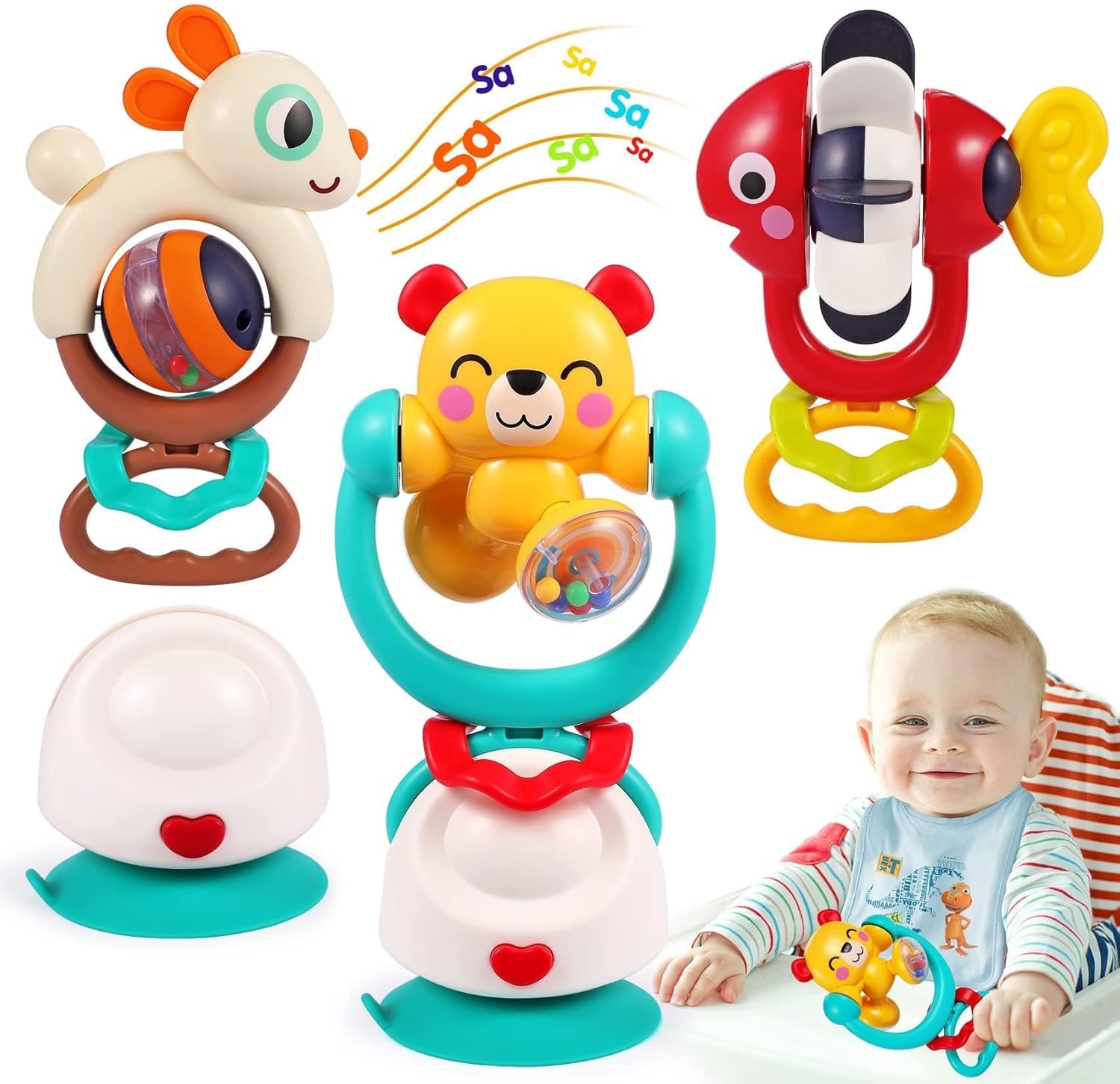 Witalent baby high chair suction cup rattle toys front view showing red fish yellow bear and beige bunny set