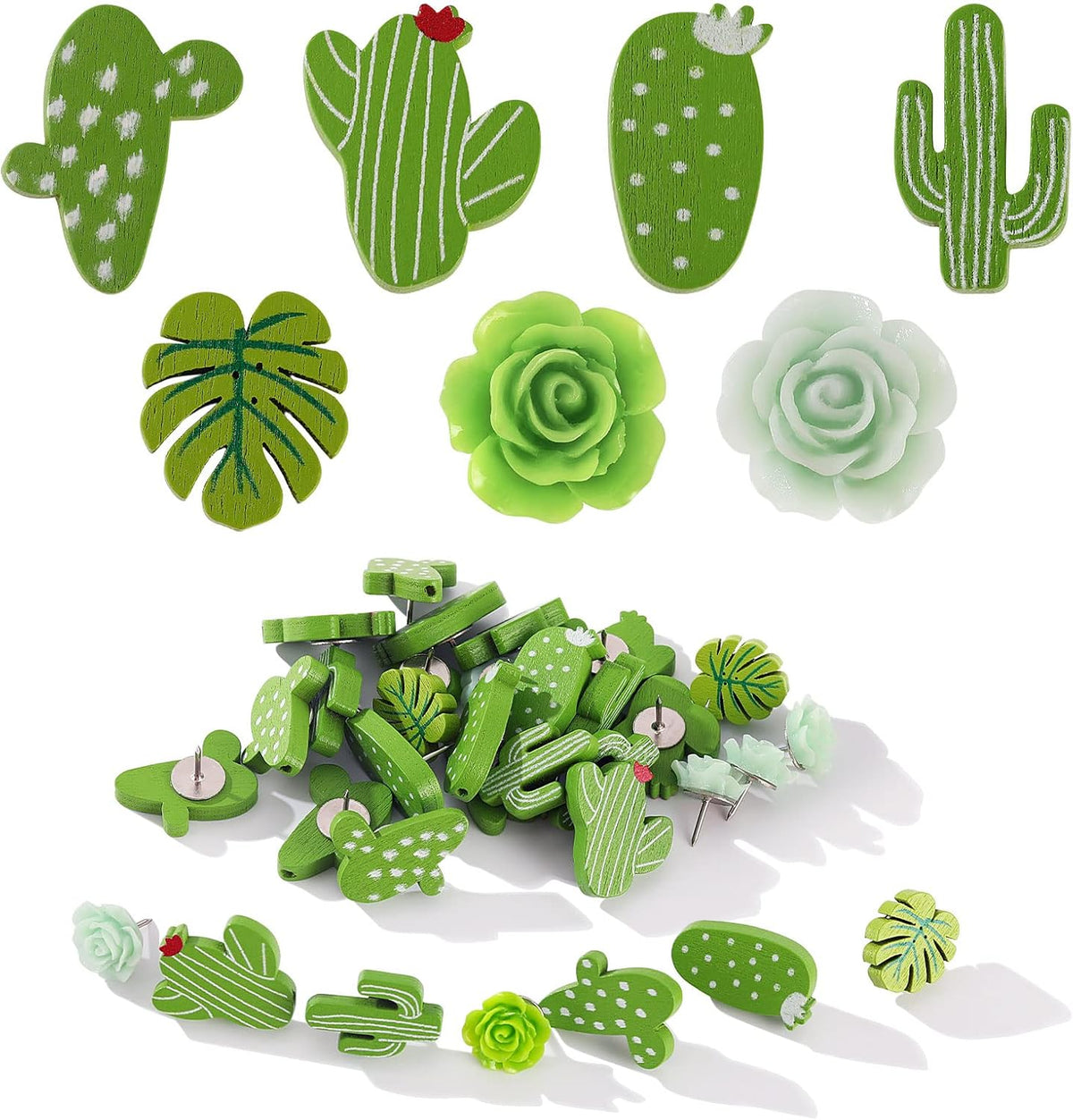 Gansita decorative push pins set front view showing assorted botanical and floral shapes.