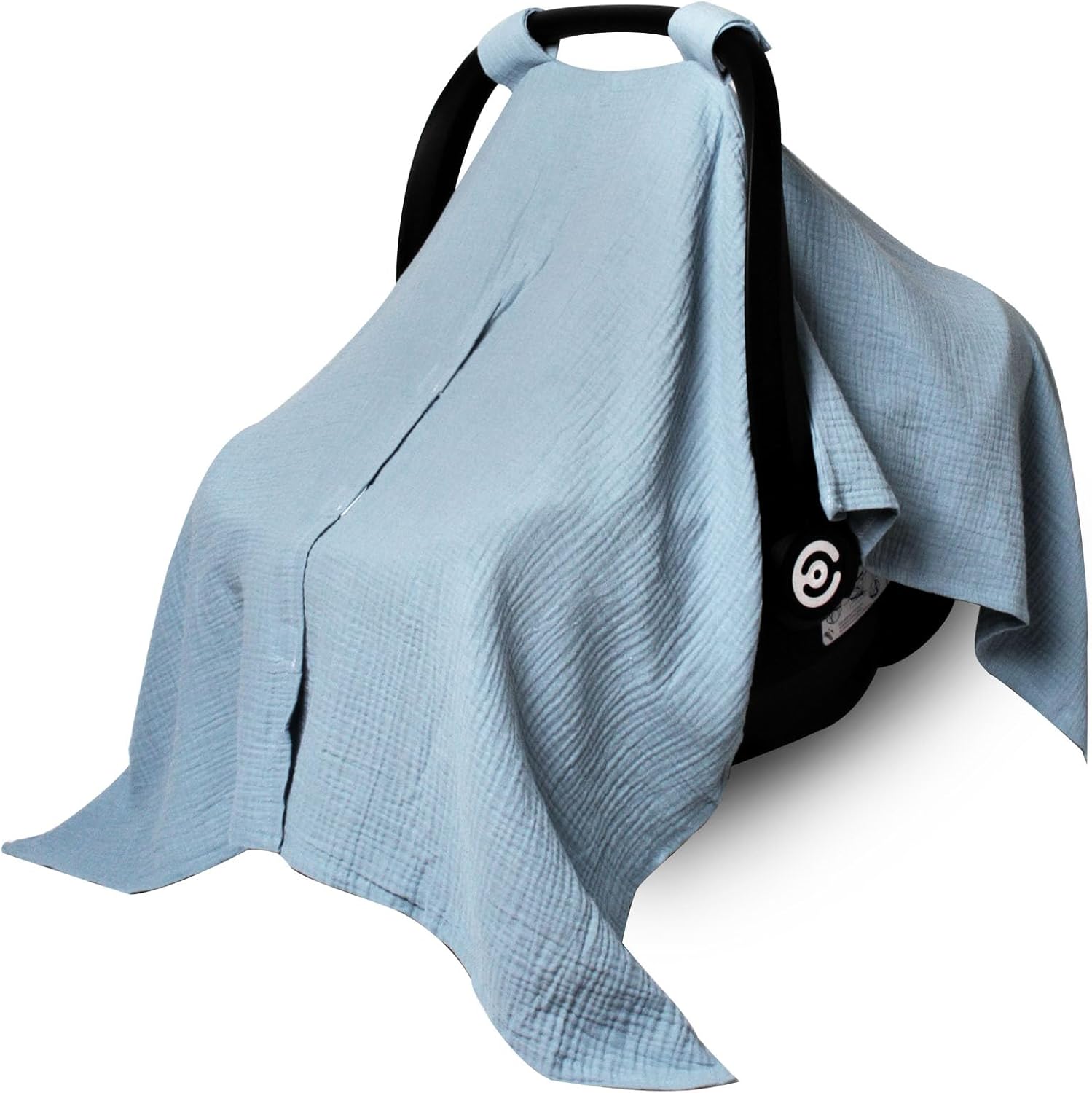 Boryokun muslin car seat cover blue front view installed on infant carrier