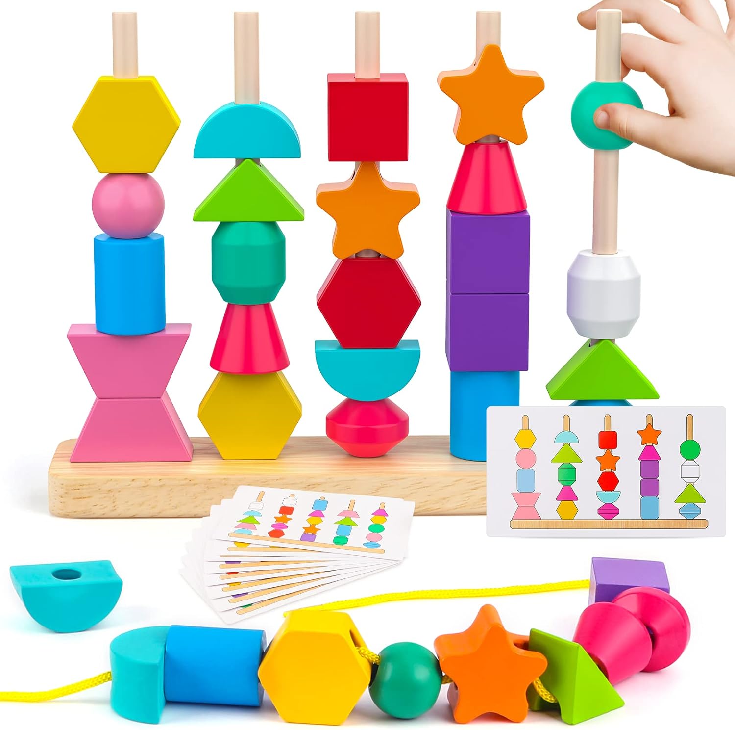 Flameflash Montessori wooden beads set showing wooden peg stand and geometric blocks.
