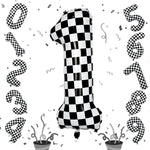 Sowide checkered number 1 balloon front view showing black and white race car flag print on large foil decoration.