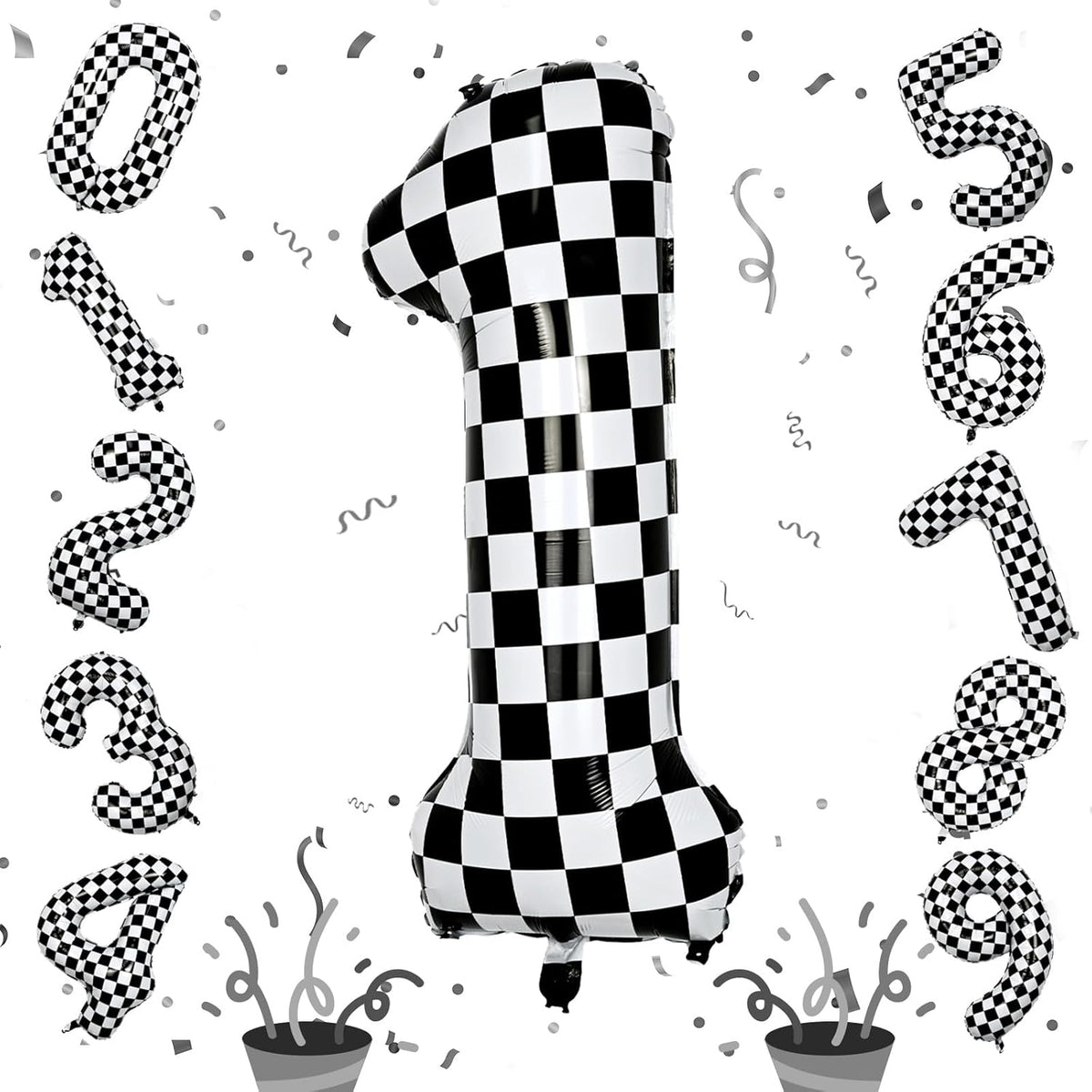 Sowide checkered number 1 balloon front view showing black and white race car flag print on large foil decoration.