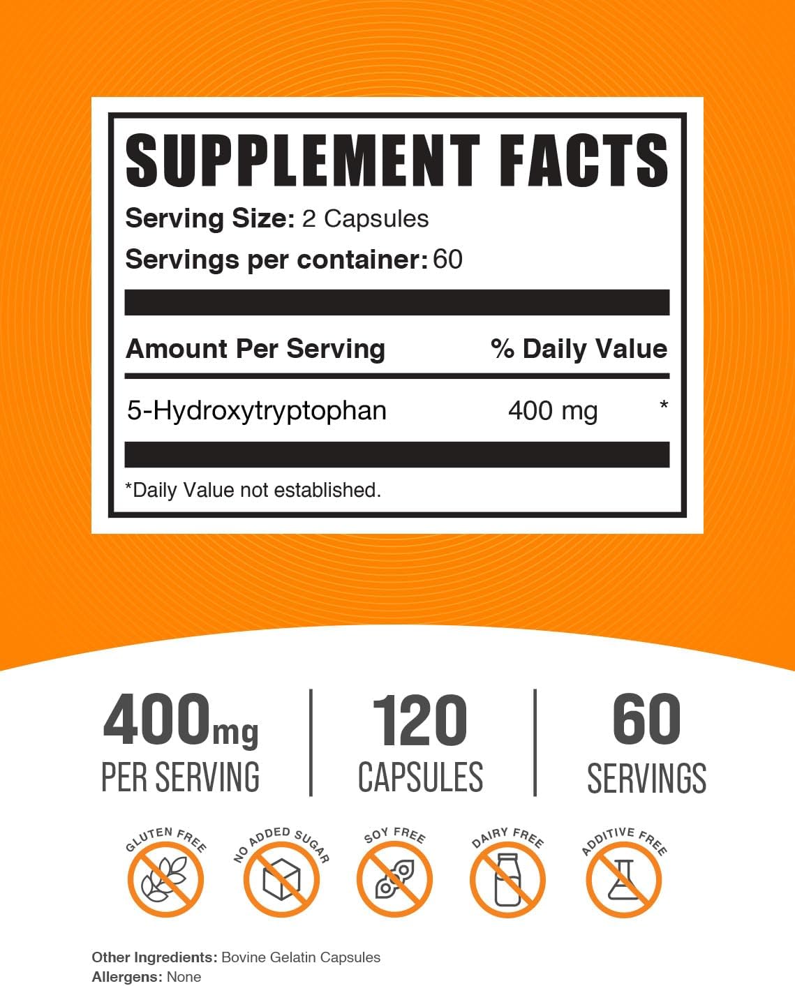 BulkSupplements 5-HTP 400mg supplement label details
