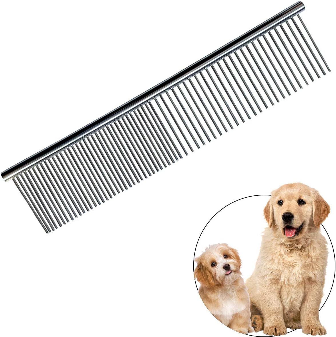Yuntop stainless steel pet grooming comb front view showcasing dual action teeth for dogs and cats.