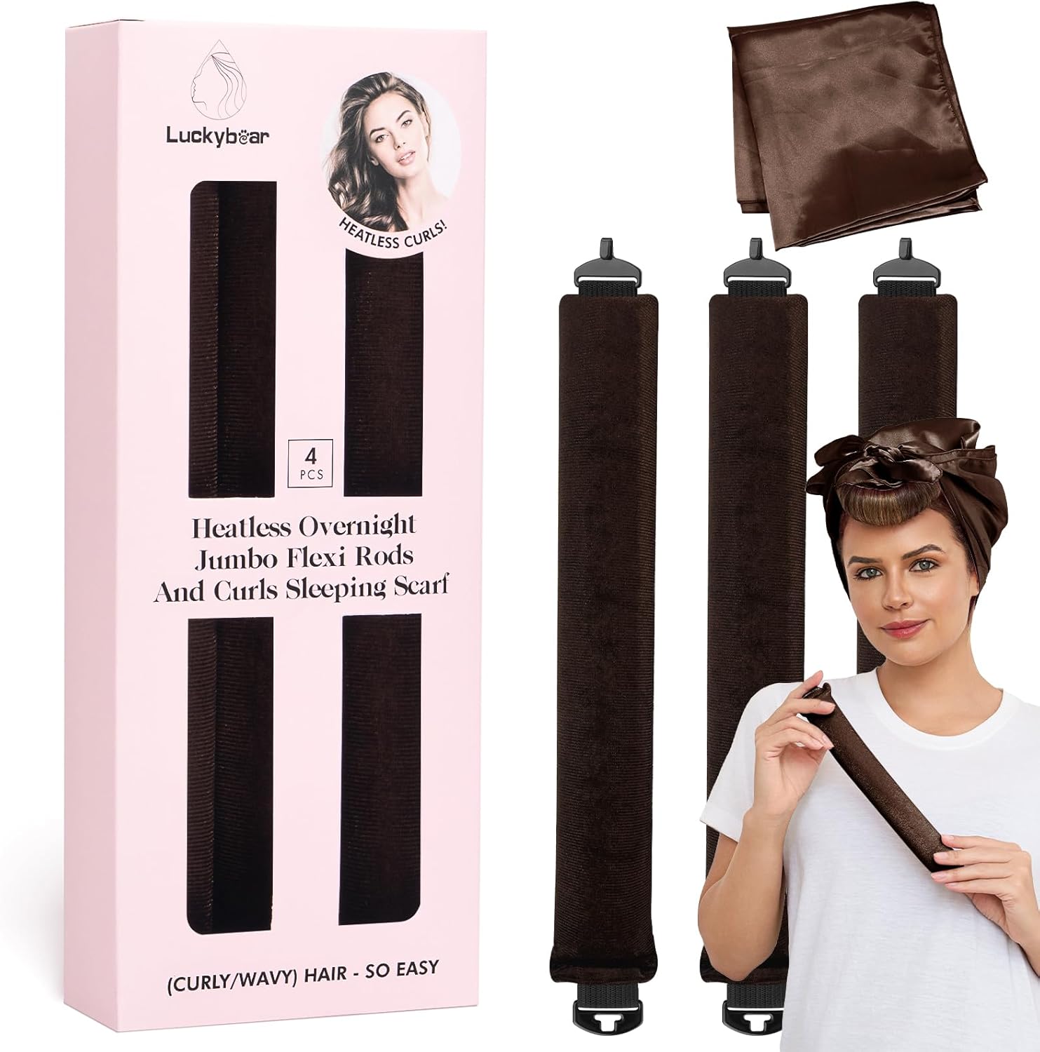 Luckybear Heatless Curls Overnight Rods Jumbo Set front view showcasing three brown velvet satin flexi rollers and a matching silk scarf