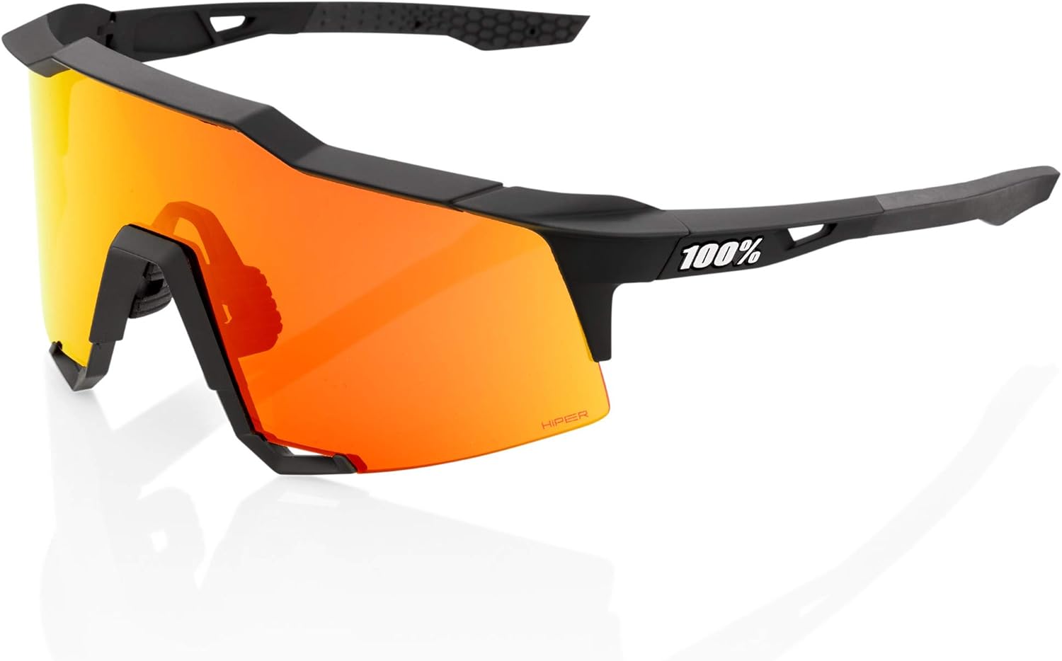 100% Speedcraft sports sunglasses front view showing the matte soft tact black frame and red mirrored lens.