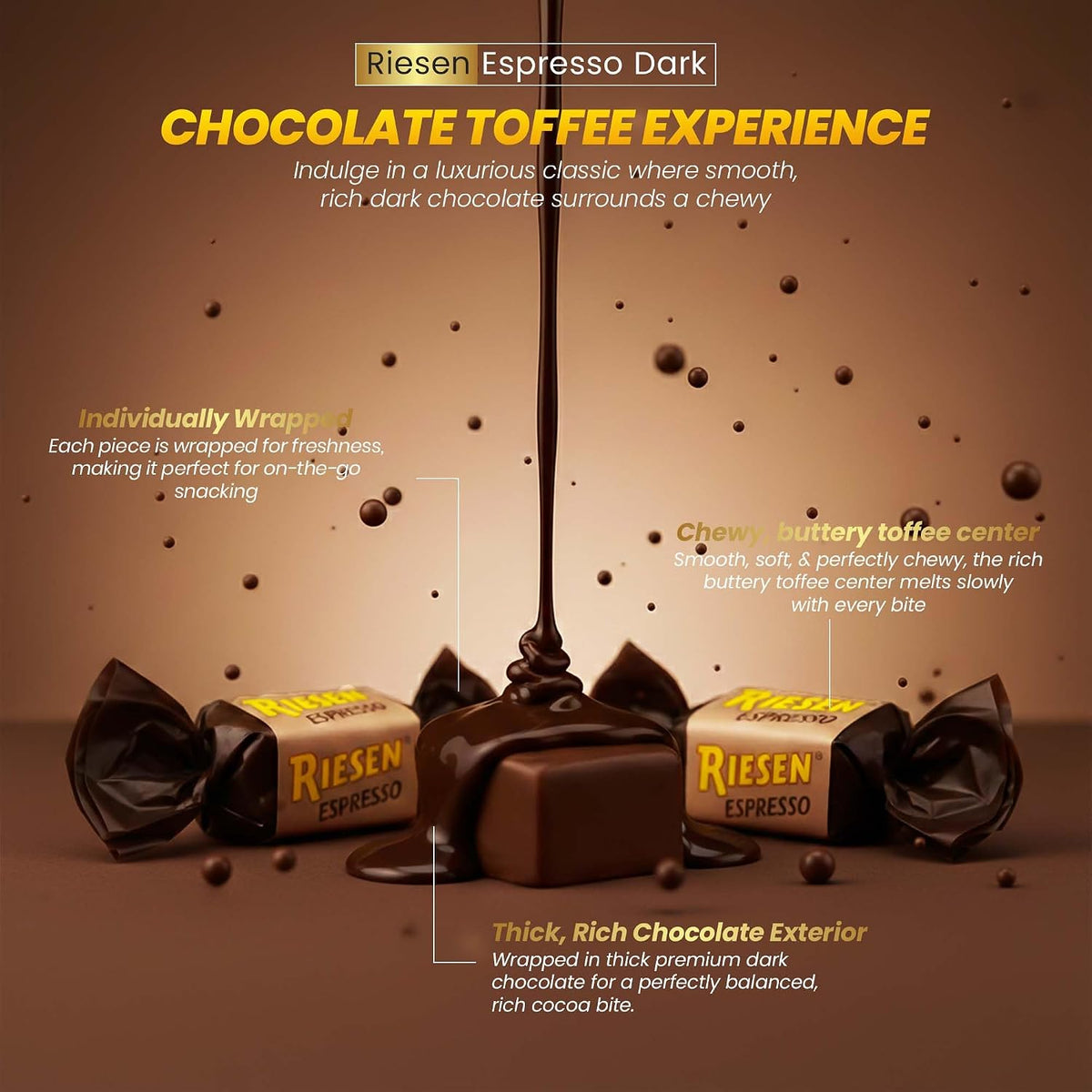 Close up shot of individually wrapped Riesen Espresso dark chocolate chewy toffees highlighting the premium wrapper design.