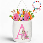 OXYEFEI personalized pink Easter basket front view showcasing the embroidered monogram letter A and cute bunny ears.