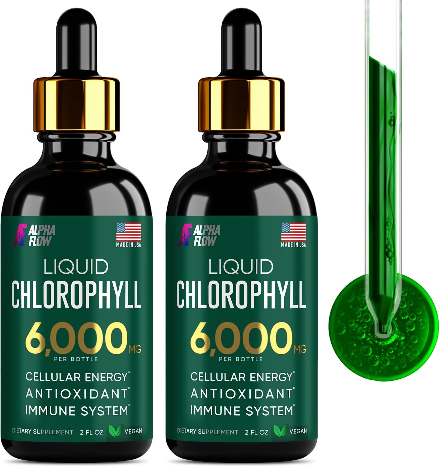 Alpha Flow chlorophyll liquid drops bottle front view USA import