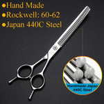 Moontay Japanese 440C stainless steel pet shears demonstrating the built-in quiet handle silencer.