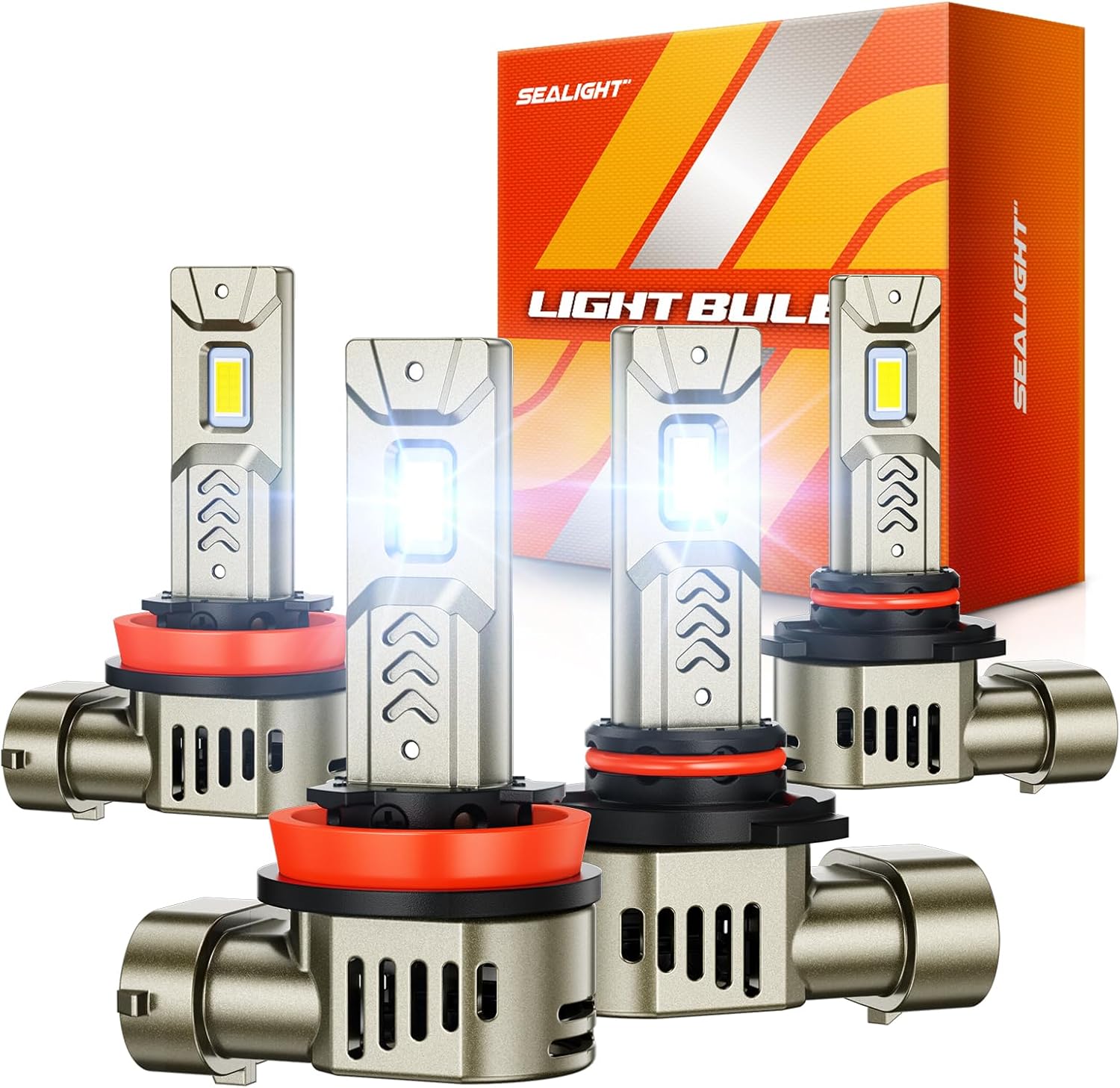 SEALIGHT 9005 HB3 H11 LED Headlight Bulbs Combo pack of four showcasing front view of premium automotive replacement lighting.