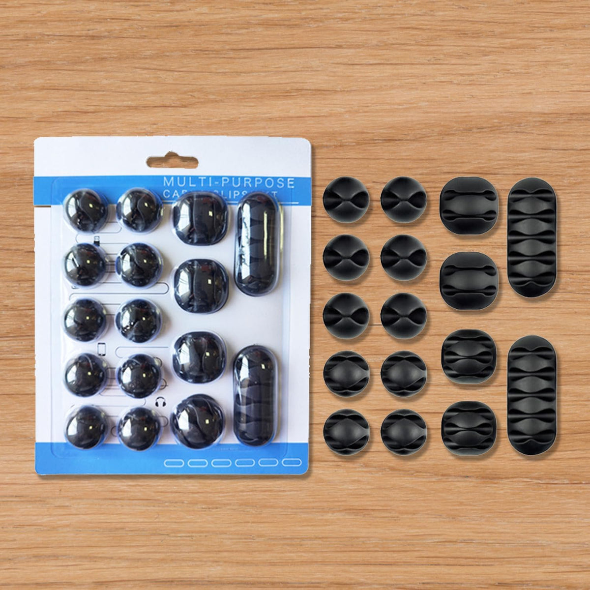 Waitiee cable organizer clips attached to a wooden office desk