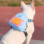 Smileshiney dog backpack harness front view showing the blue adjustable straps and top D-ring.