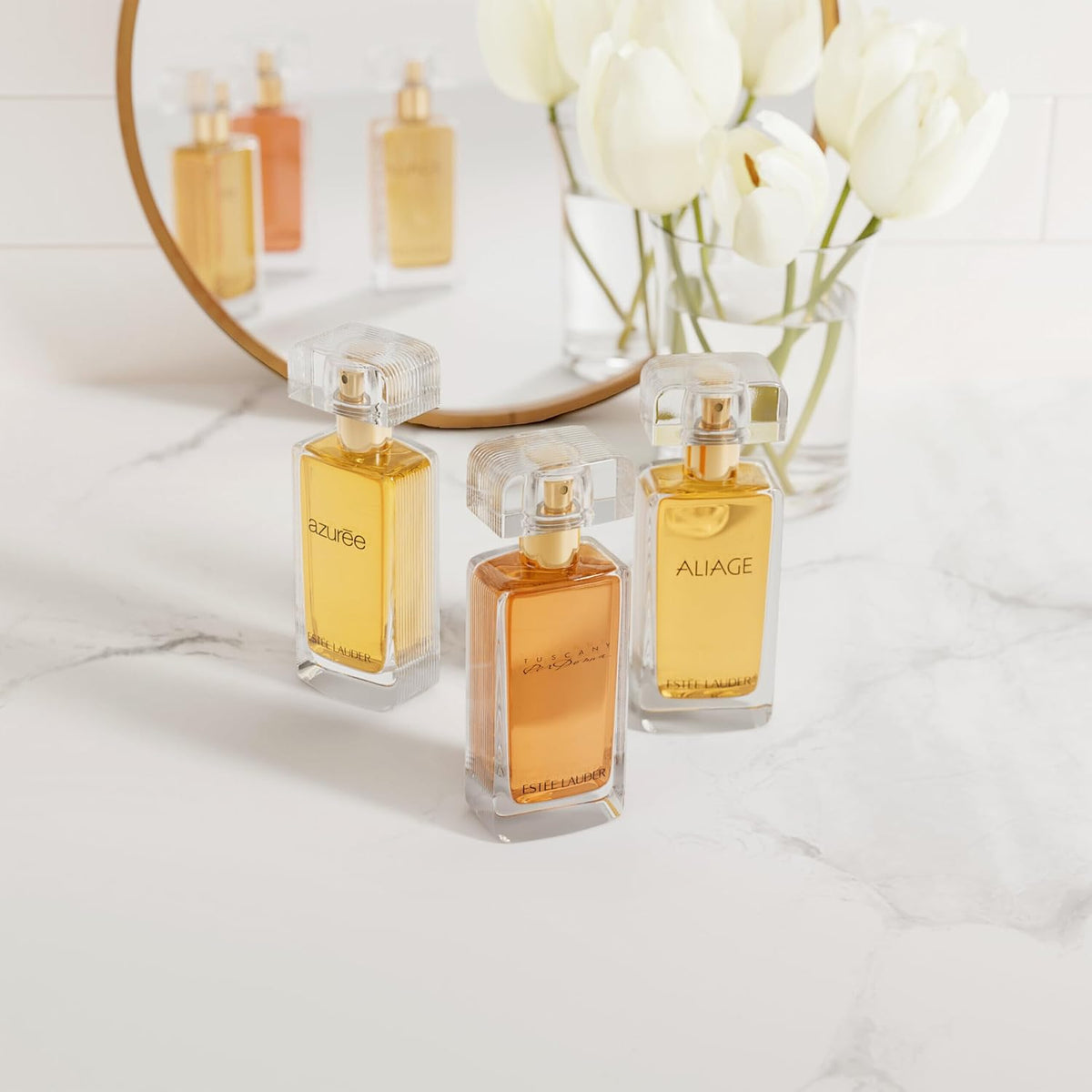 Close up of Estee Lauder Tuscany Per Donna perfume bottle label