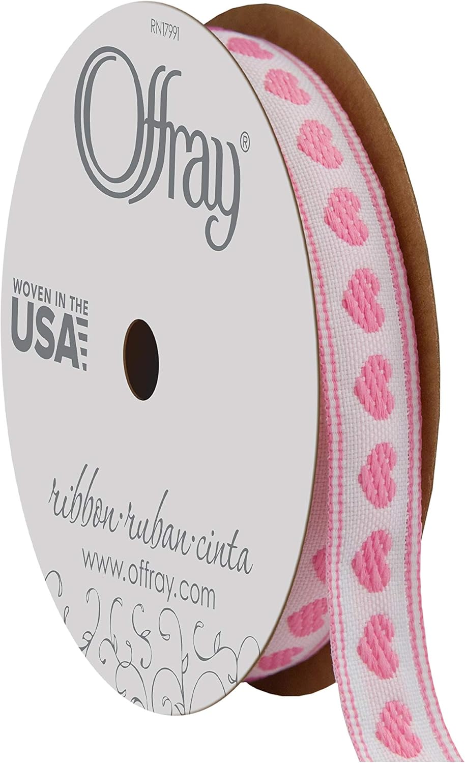 Offray 1/2" Wide Heart Pattern Ribbon for Crafts and Decoration, 9-Foot, Pink - Image 1