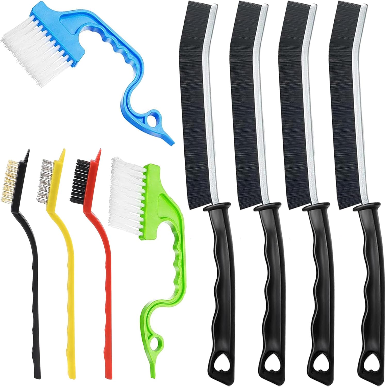 Guimertt hard bristle crevice cleaning brush set front view showing nine diverse household detailing tools