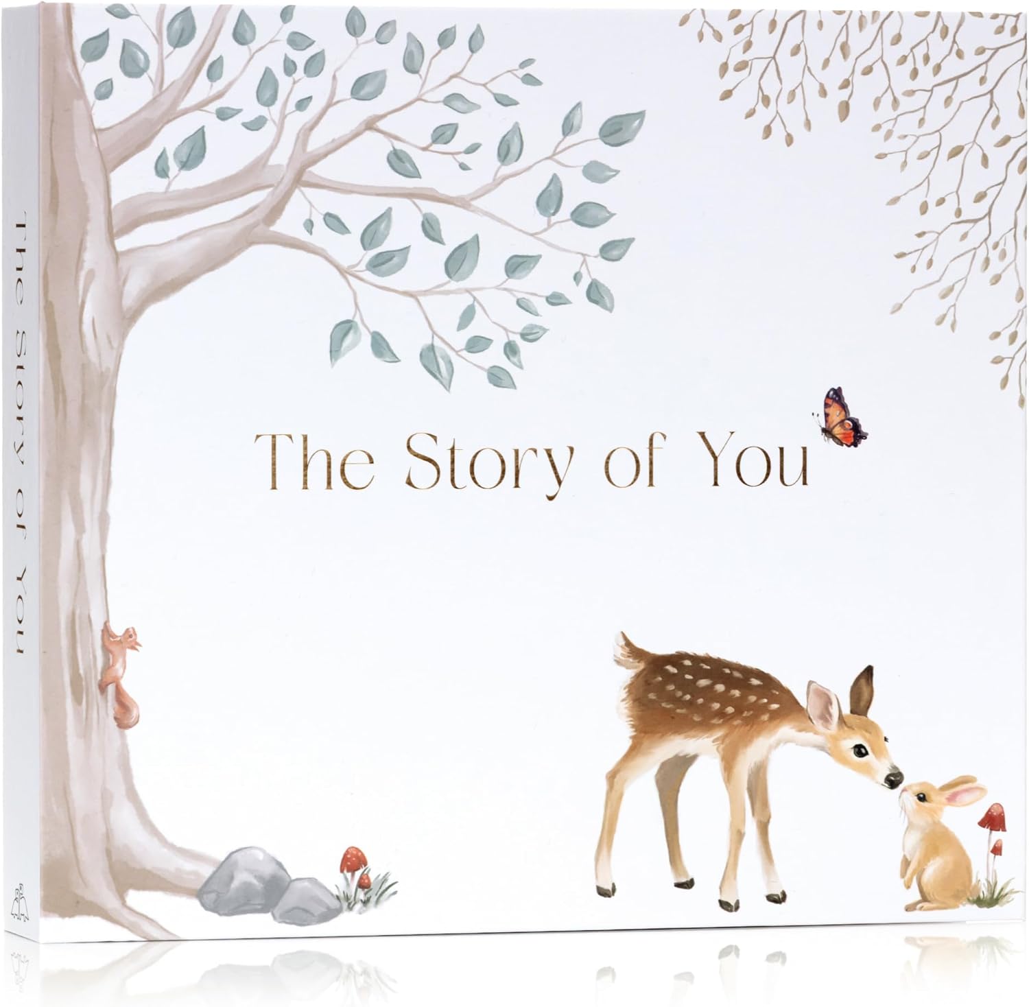 Two Little Dinos baby memory book front view showing woodland cover design for milestone tracking