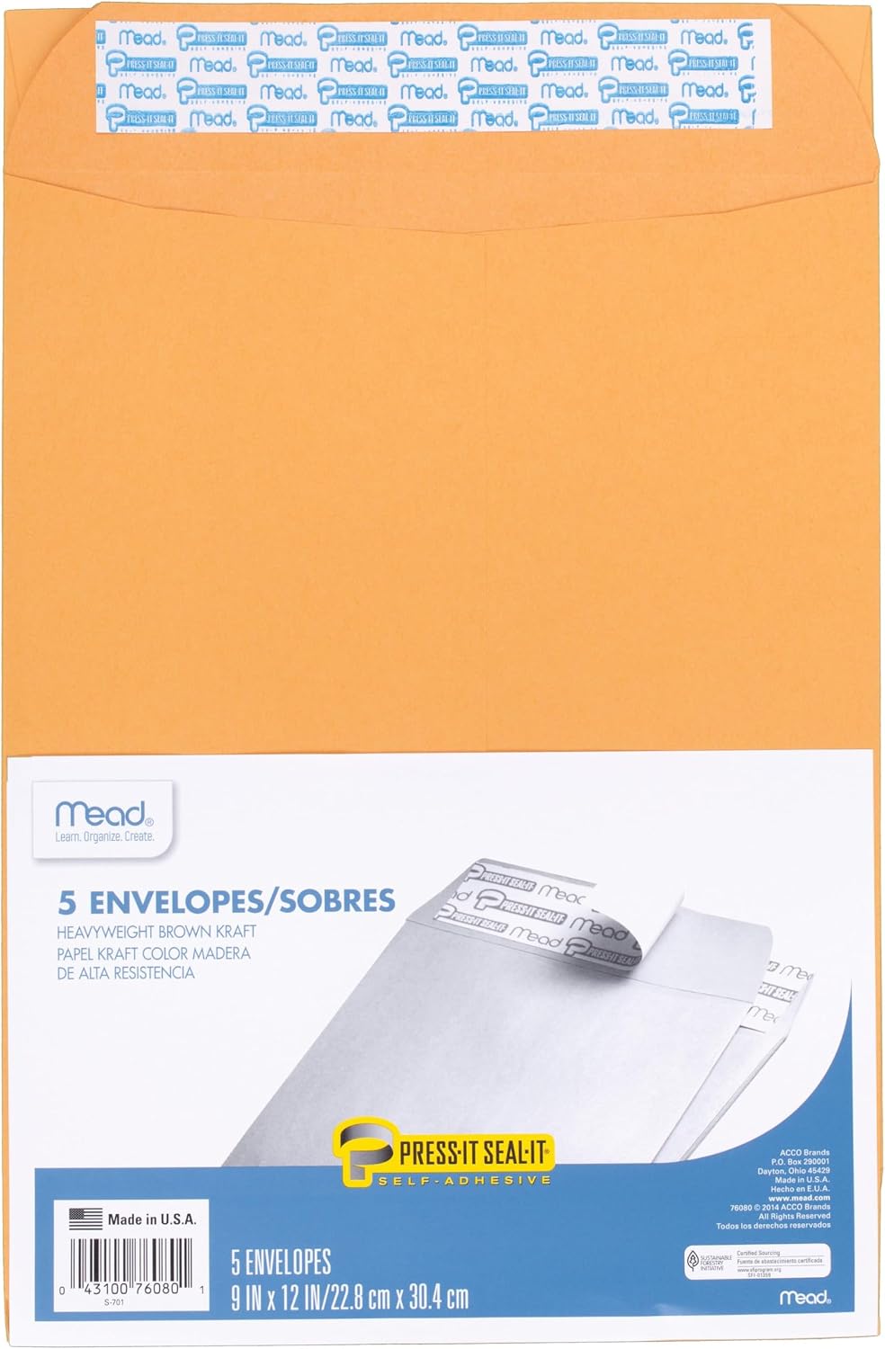 Mead Press It-Seal-It Envelopes front view brown kraft office supply