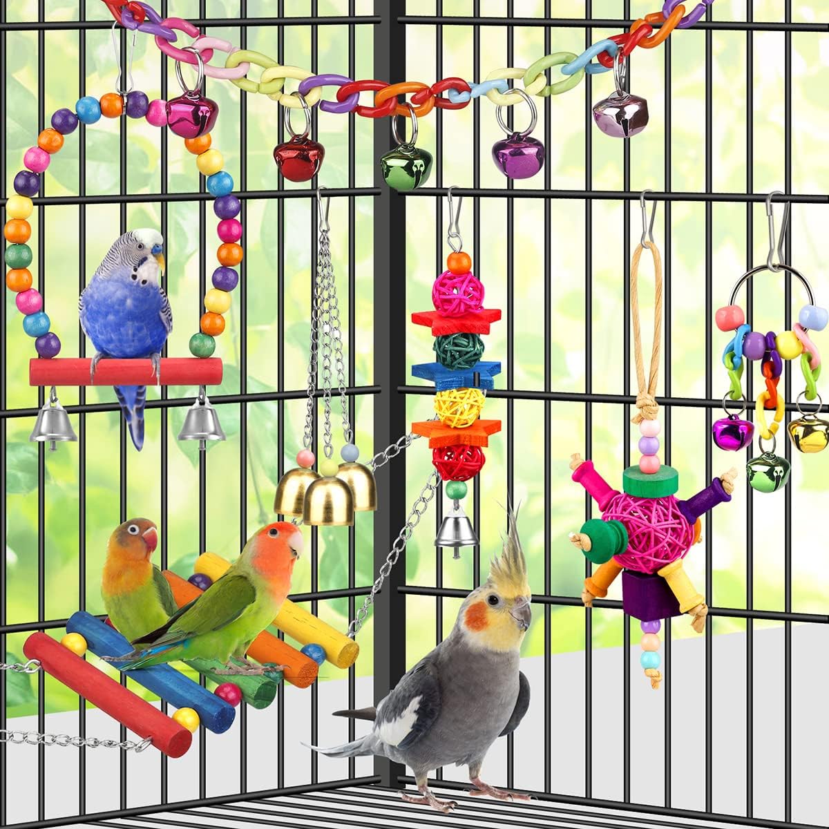 YIXUND pet bird swing featuring metallic hanging bells and multi color rings for small parrots