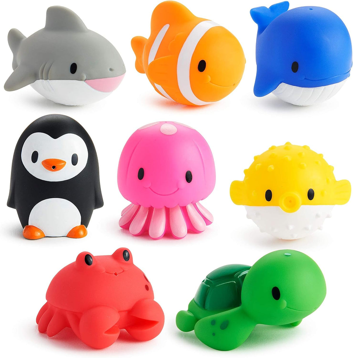Close up of Munchkin cow and pig floating bath toys for infants