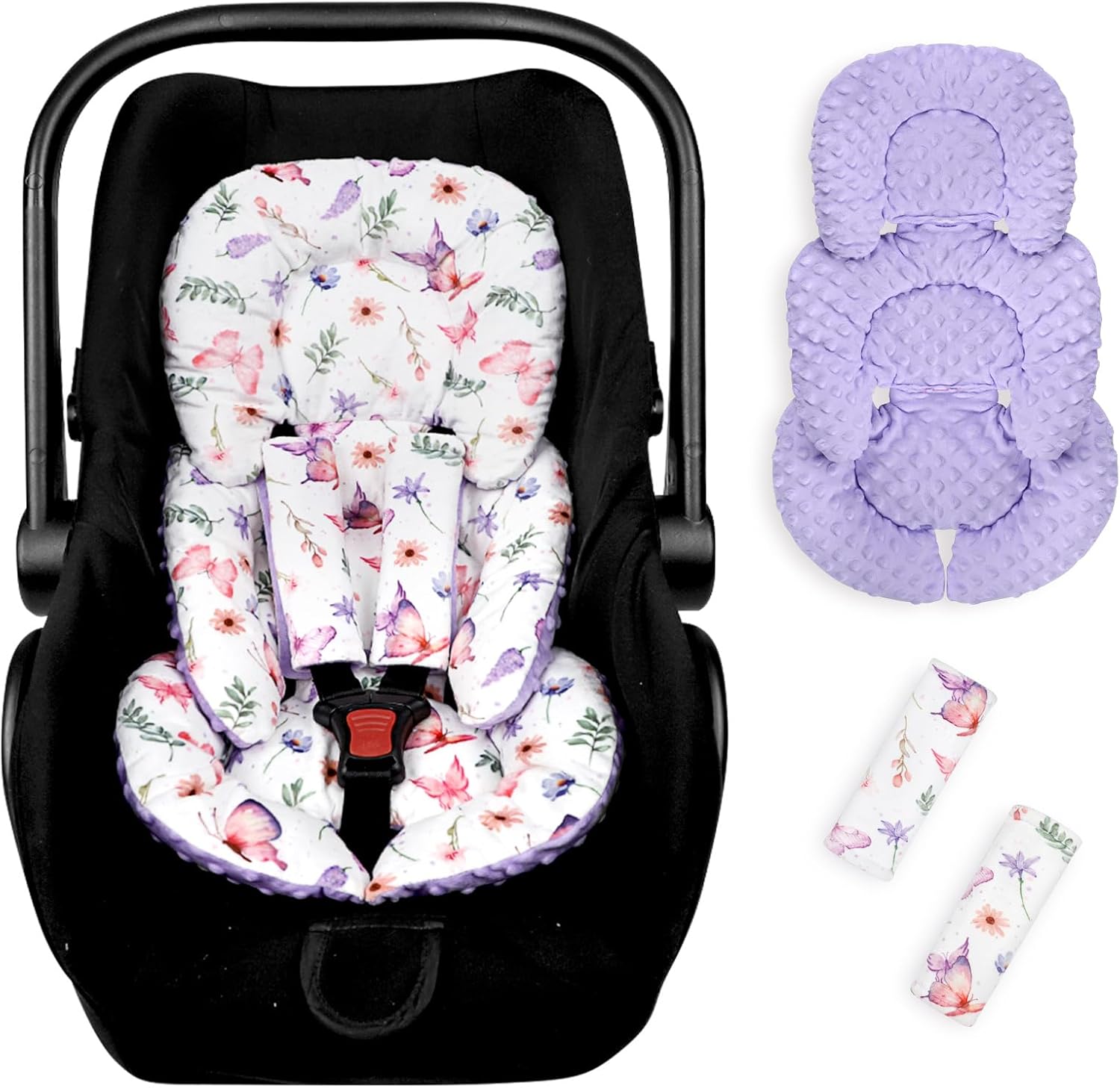 Pea Pod infant car seat insert front view showing colorful butterfly pattern side.