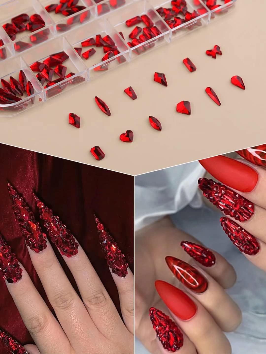 EBANKU red flatback rhinestones organized in compartmentalized storage wheel.