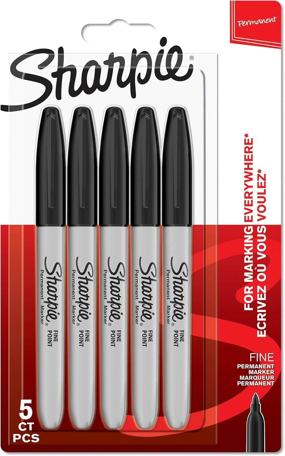 Sharpie permanent markers front view packaging showcasing 5 black pens