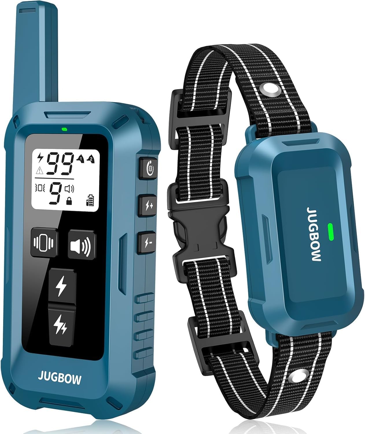 Jugbow 4200 feet dog training collar front view showing blue receiver and remote control