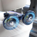 DICMKY dual head car cooling fan front view mounted on backseat headrest poles.