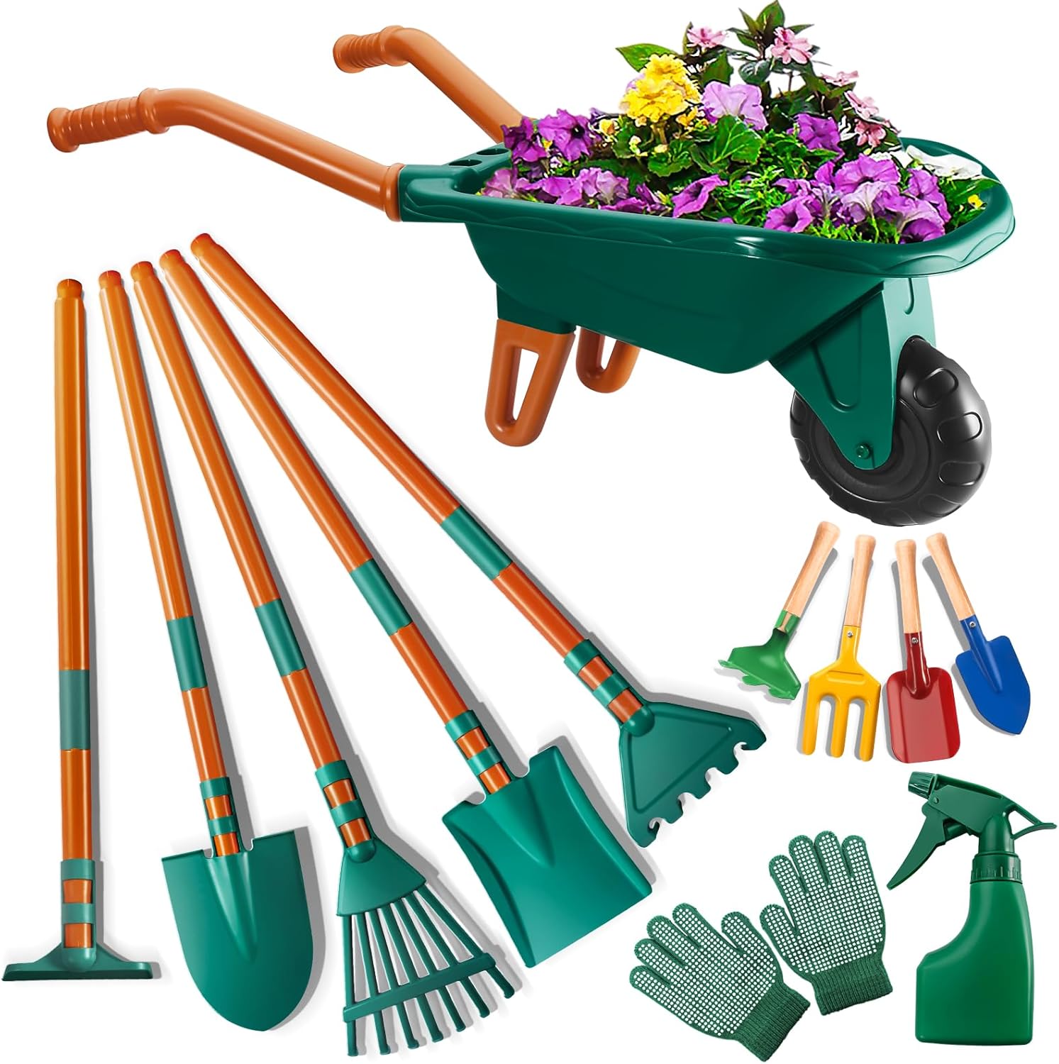 HOSPONY Kids Gardening Set front view showcasing the green toy wheelbarrow and 12 pieces of outdoor learning tools.