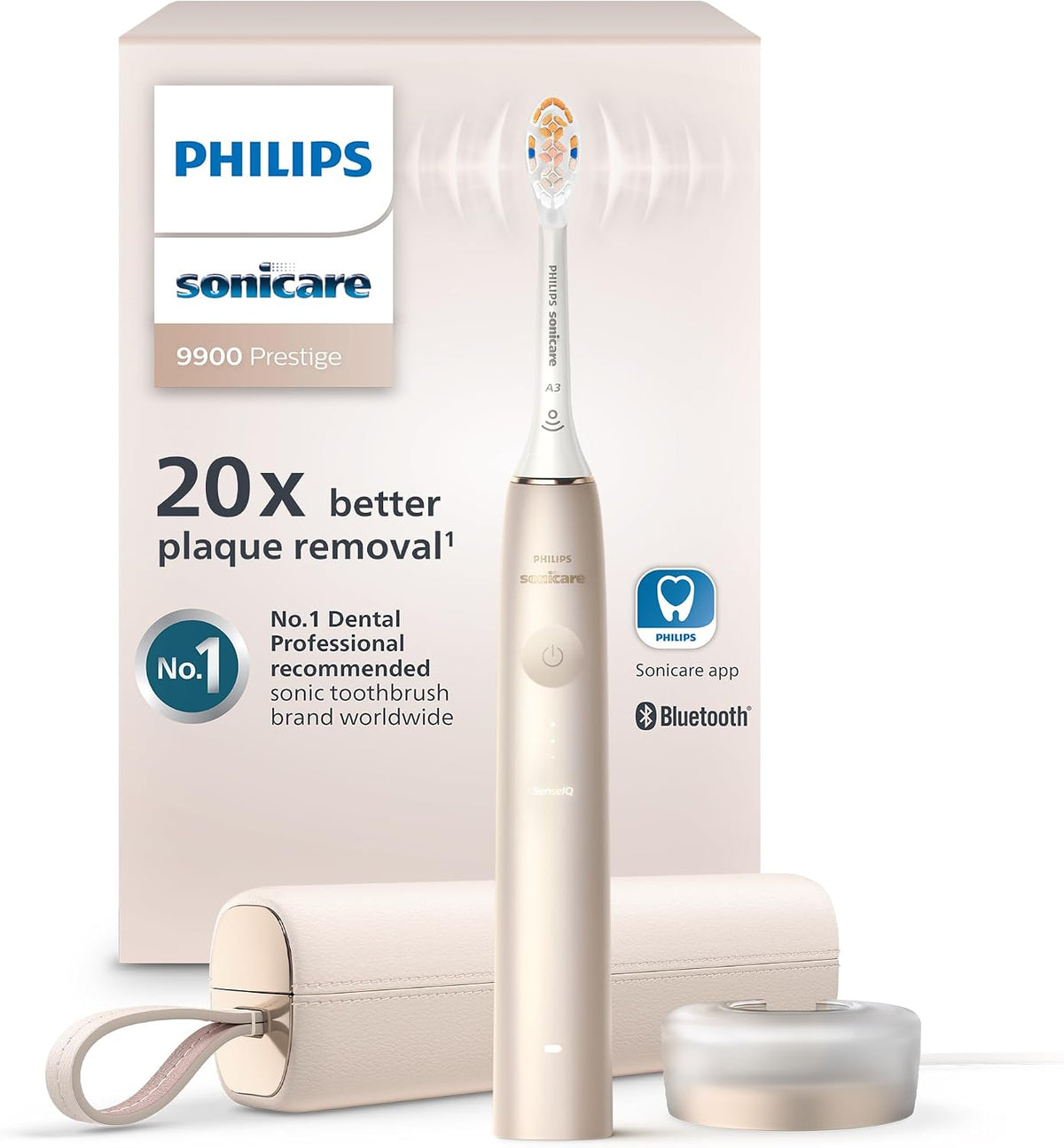 Philips Sonicare 9900 Prestige electric toothbrush front view in champagne with handle and brush head