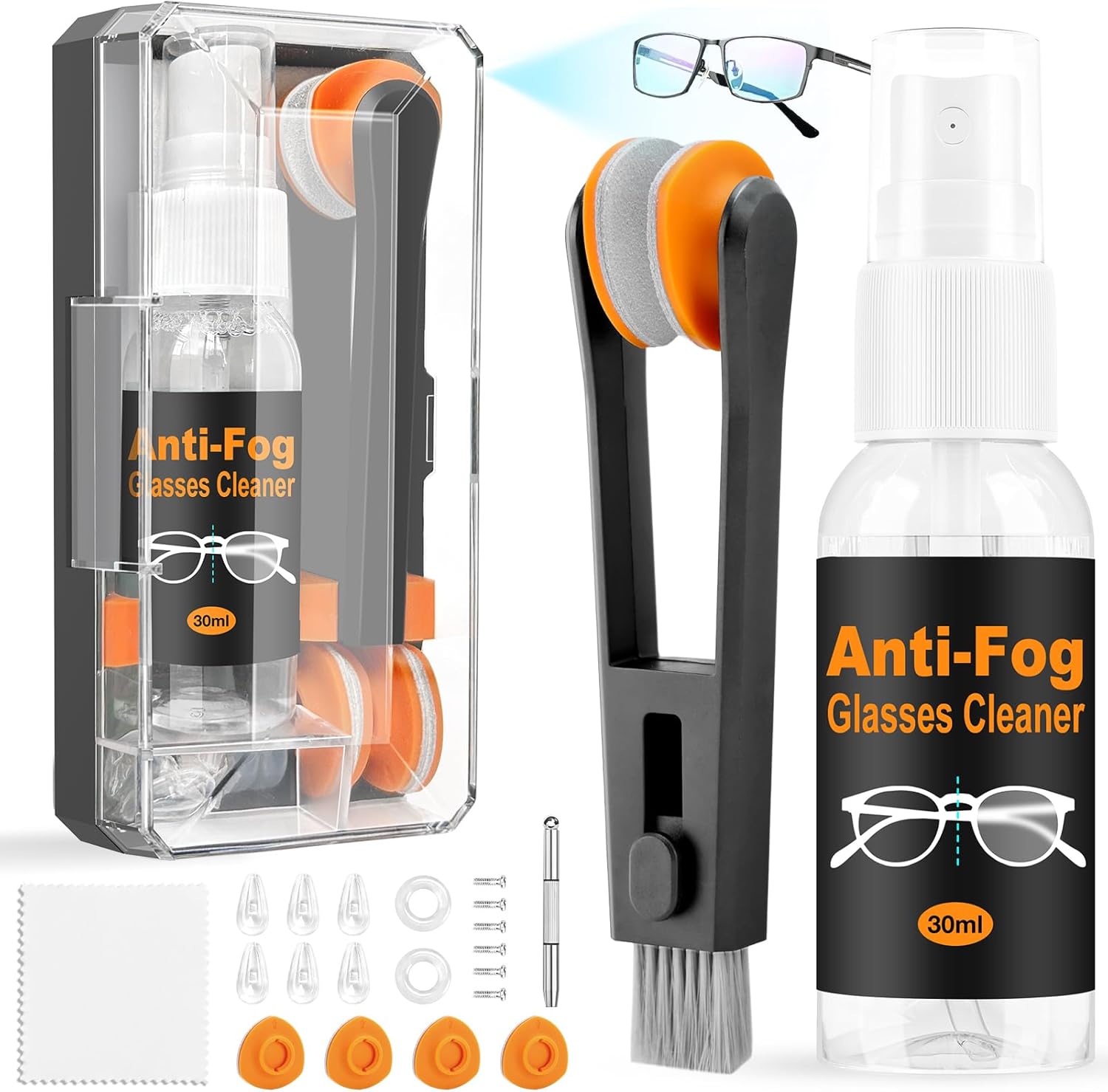 Ordilend Eyeglass Cleaning Kit front view of the portable storage box showing the full eight in one maintenance set