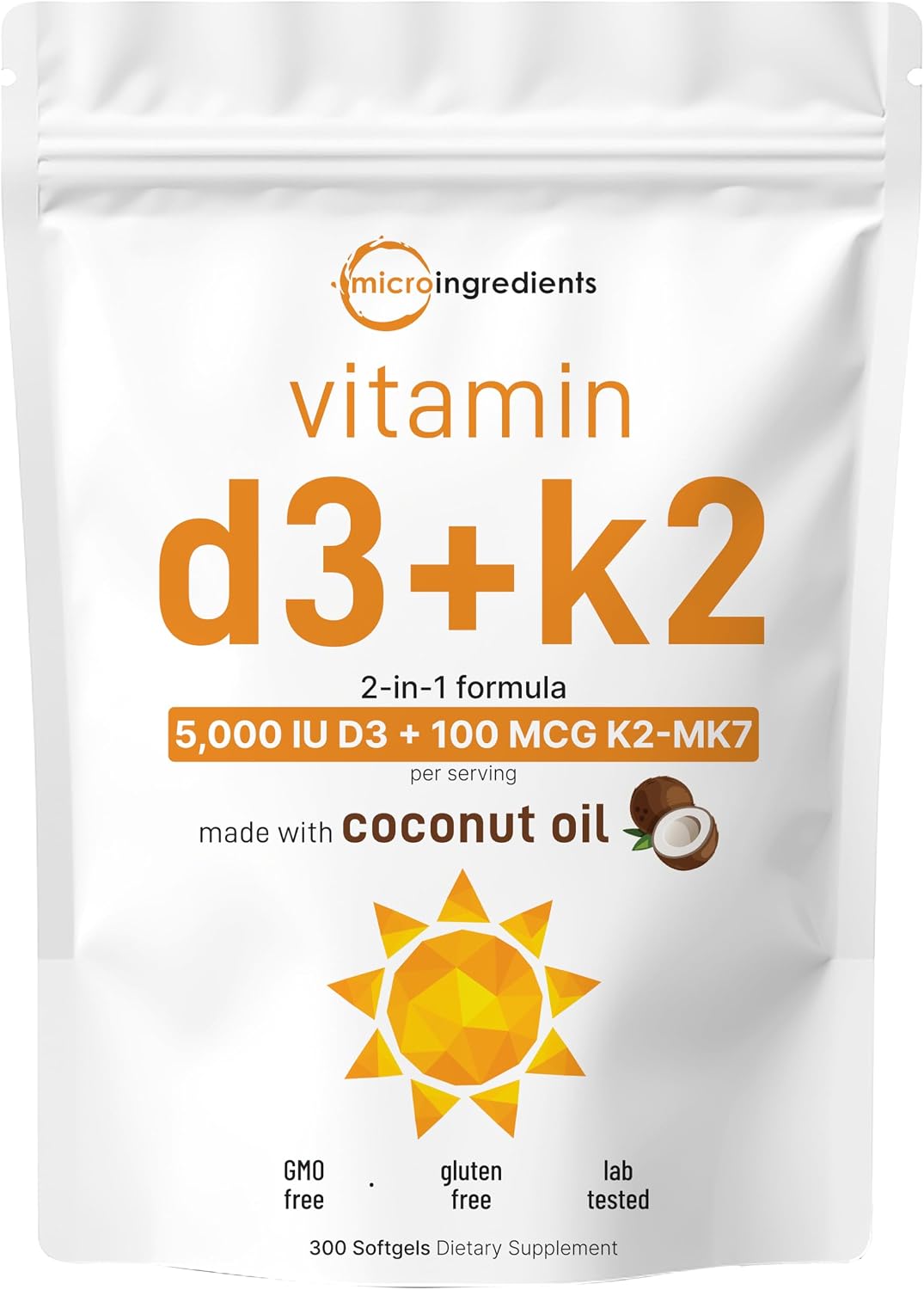 Micro Ingredients Vitamin D3 K2 softgels front view bottle container