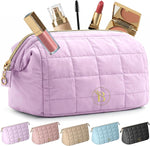 Bloomora Quilted Pink Makeup Bag front view travel cosmetic pouch